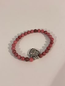 Vintage Pink Rhodonite Stretch Bracelet with Etched Heart Pendant