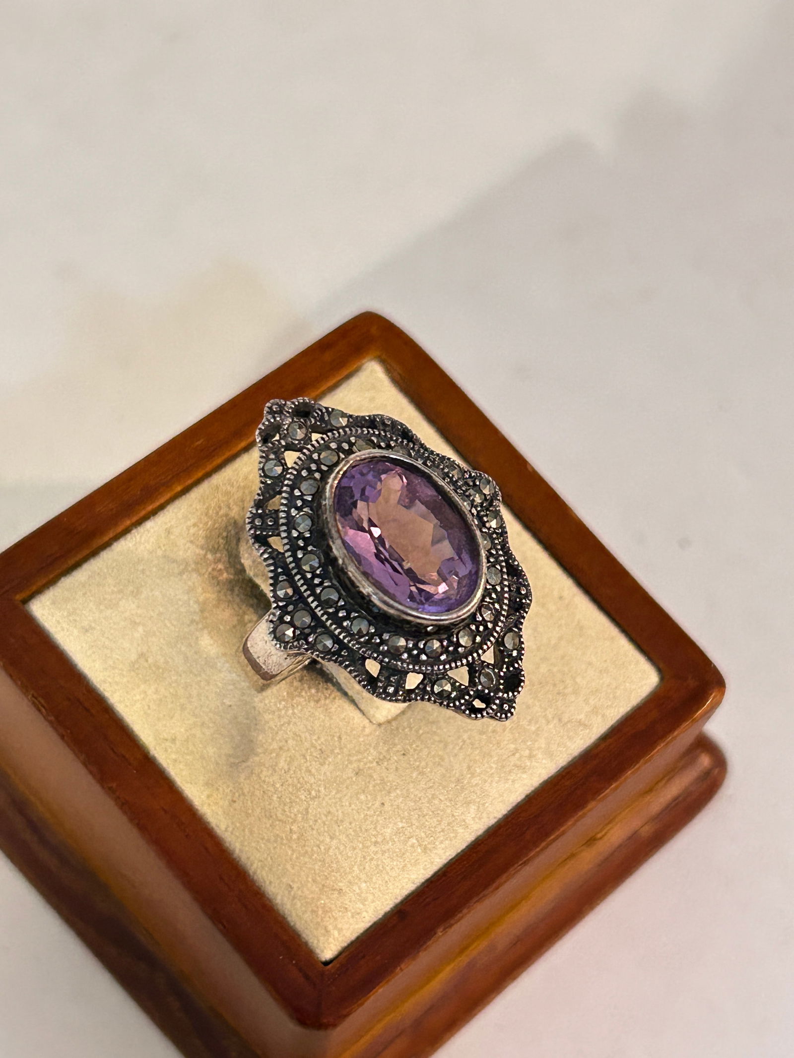 Vintage Sterling Silver Tested Amethyst Marcasite Ring Sz 10: Vintage Sterling Silver Tested Amethyst Marcasite Ring Sz 10 Please view all photos as they are part of the description and condition of this Item, Feel free to contact me with questions or picture re