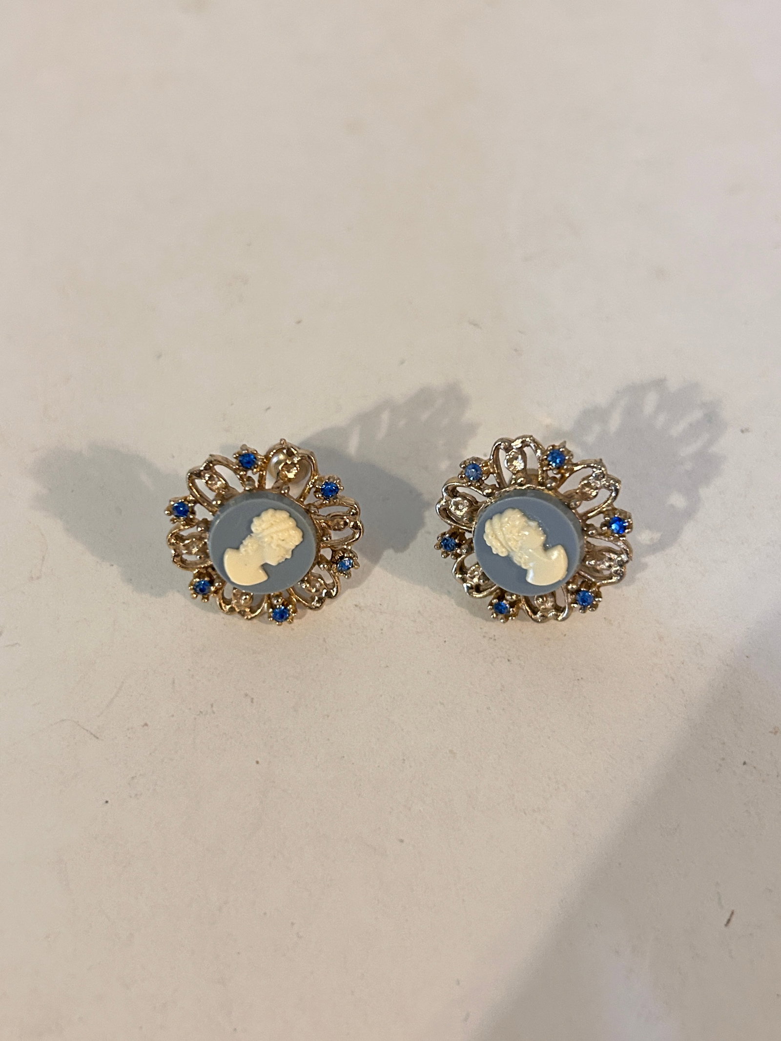 Vintage Cameo blue Earrings: Vintage Cameo blue Earrings Please view all photos as they are part of the description and condition of this Item, Feel free to contact me with questions or picture requests! Used Item AS IS