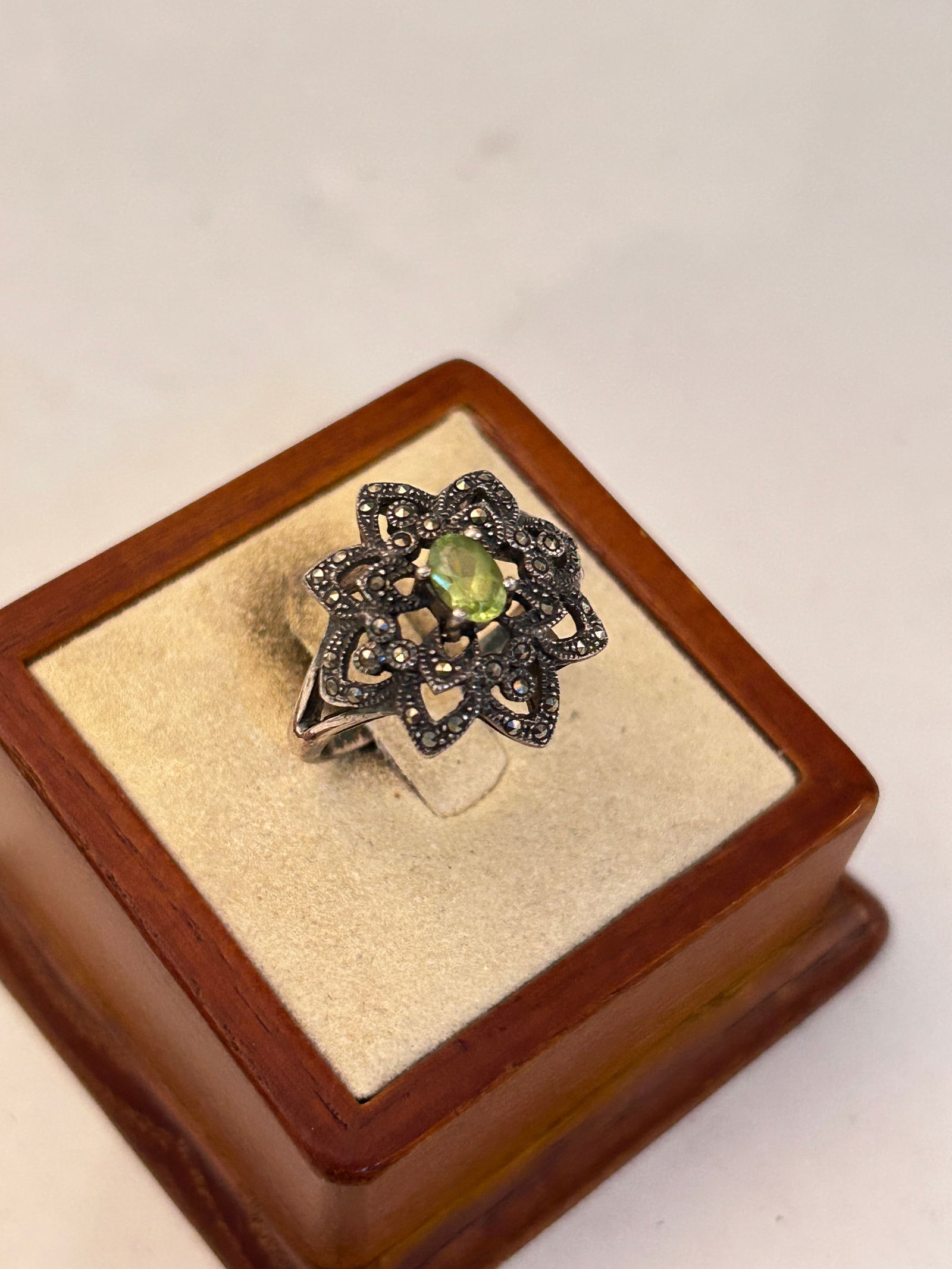 Vintage Sterling Silver green Tourmaline marcasite Ring Sz 9: Vintage Sterling Silver green Tourmaline marcasite Ring Sz 9 Please view all photos as they are part of the description and condition of this Item, Feel free to contact me with questions or picture re