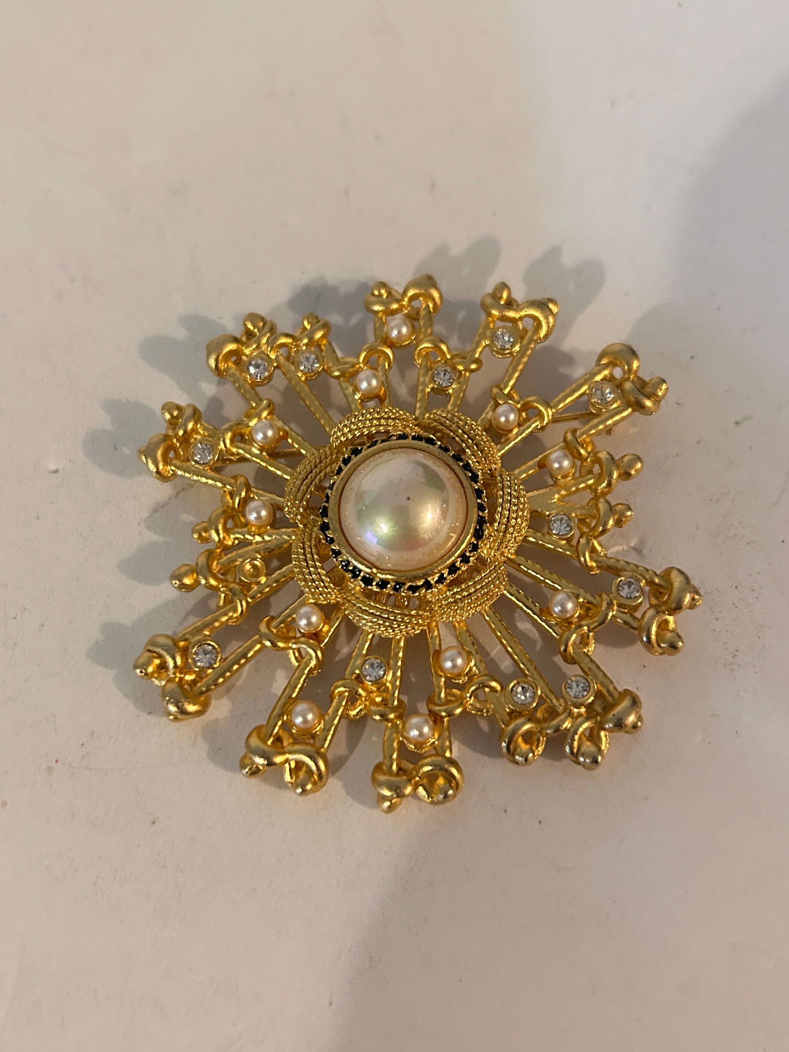 Vintage Gold Tone Sunburst Faux Pearl Crafted Brooch missing 1 pearl (1 of 5)