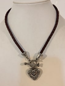 Brighton Braided Leather Chord Puffy Heart Charm Necklace 16"