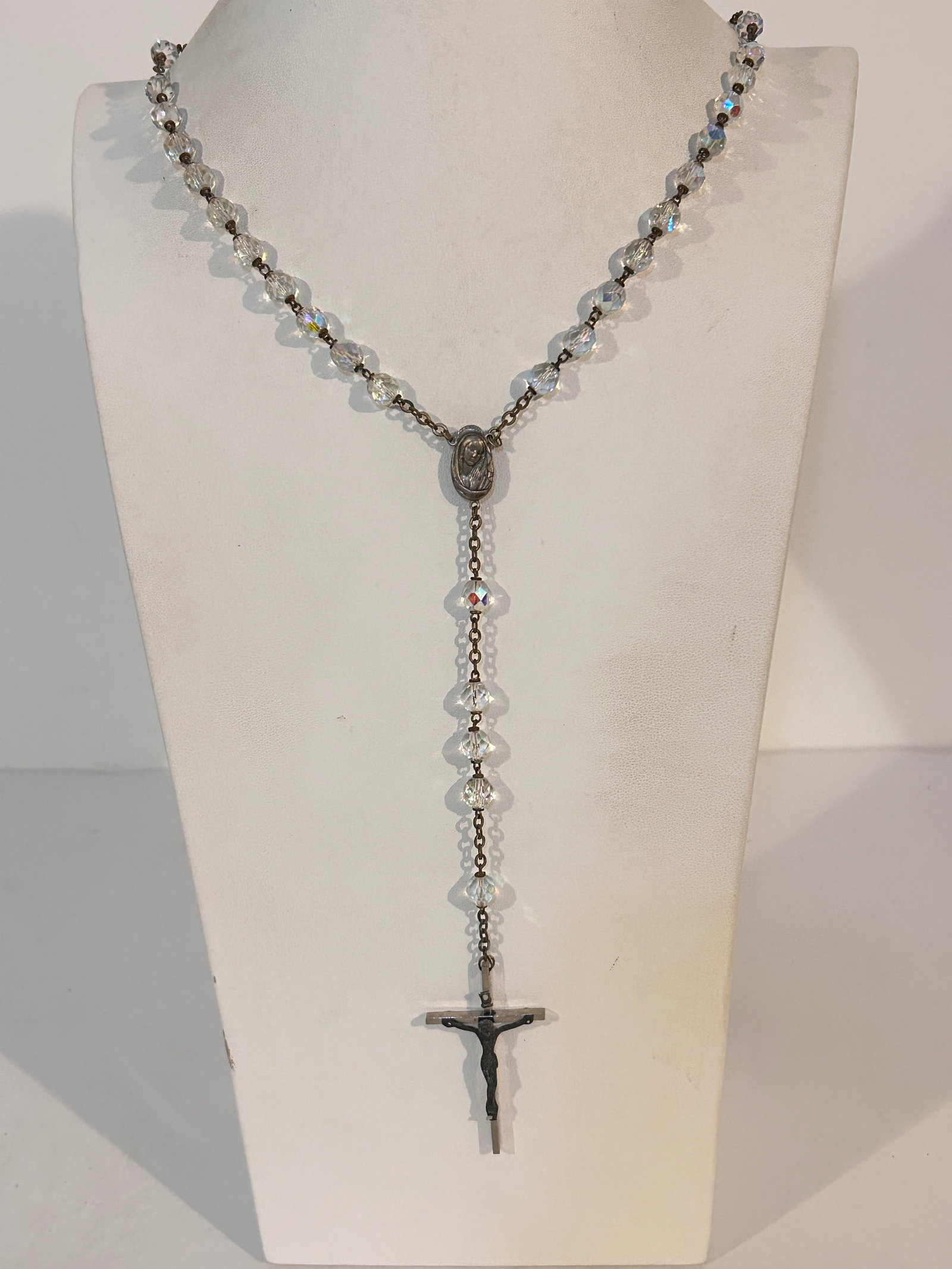 Vintage Rosary Cross Crystal bead Necklace Catholic St Benedict Medal 32" (1 of 6)