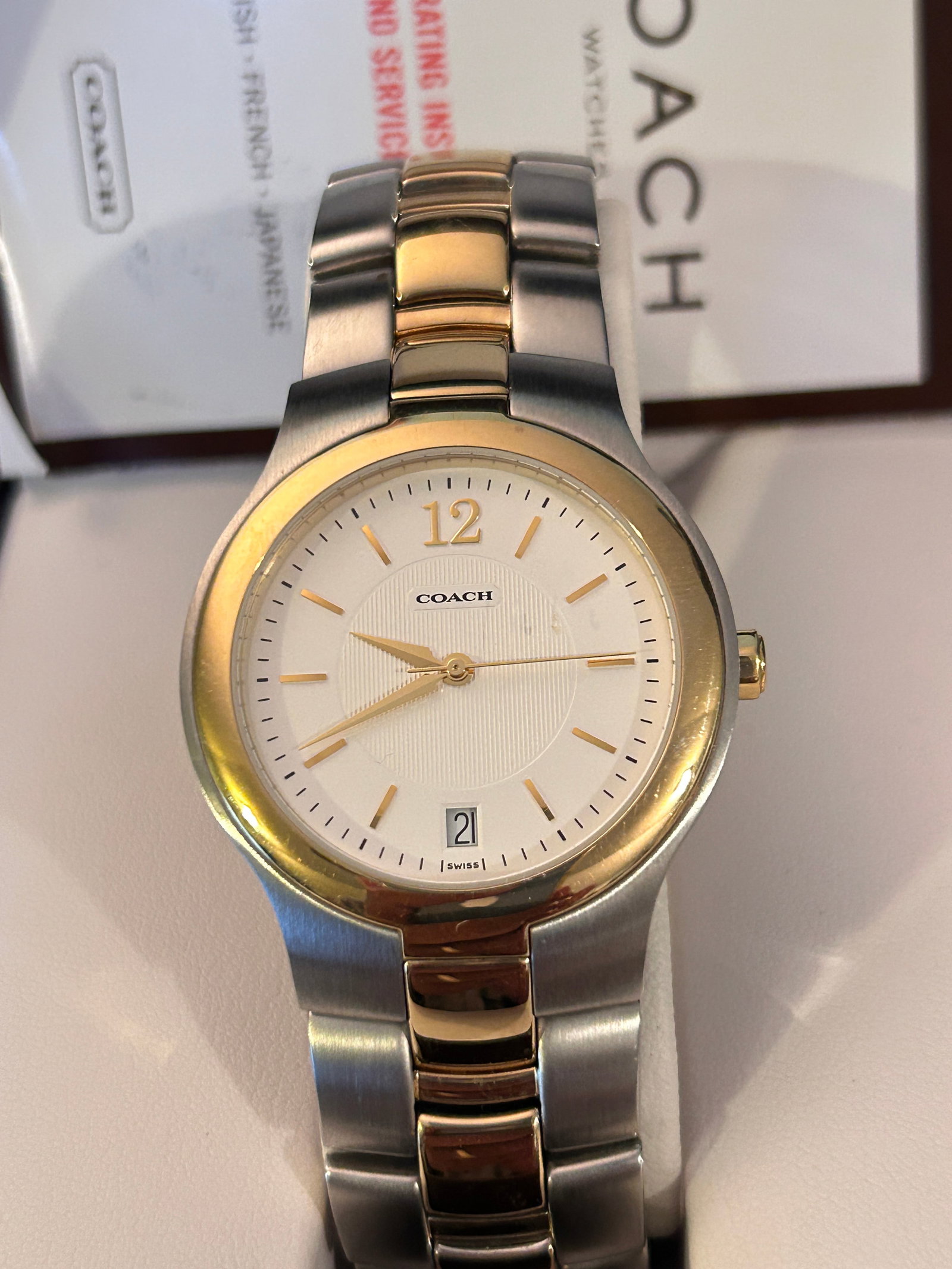 Coach Mens two-tone stainless steel bracelet watch works great in box: Coach Mens two-tone stainless steel bracelet watch works great in box Please view all photos as they are part of the description and condition of this Item, Feel free to contact me with questions or p