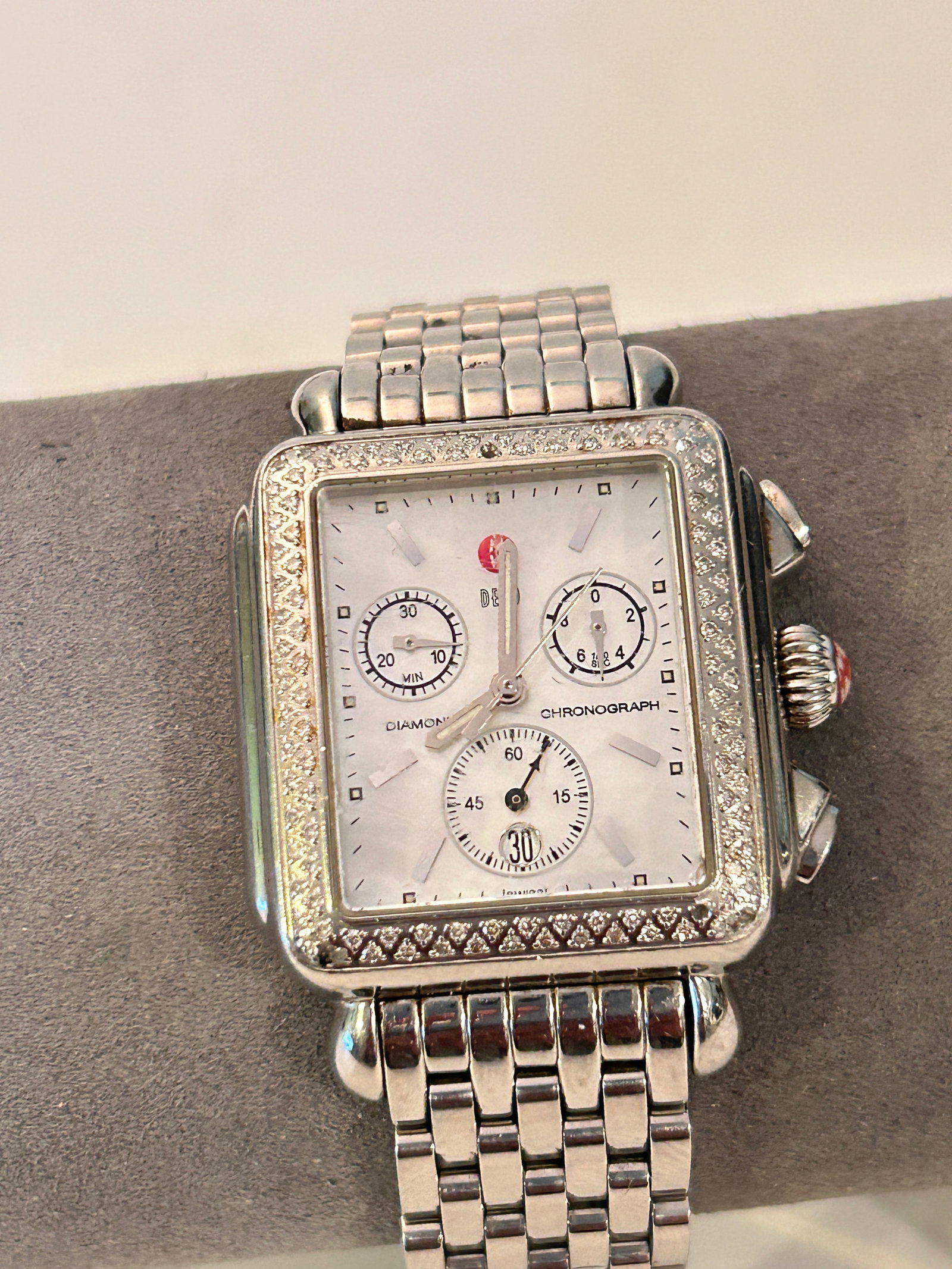 Michele Deco Diamond Bezel MOP Dial Chronograph Women's Watch Retail $ 2975 Works Great missing 2 (1 of 6)