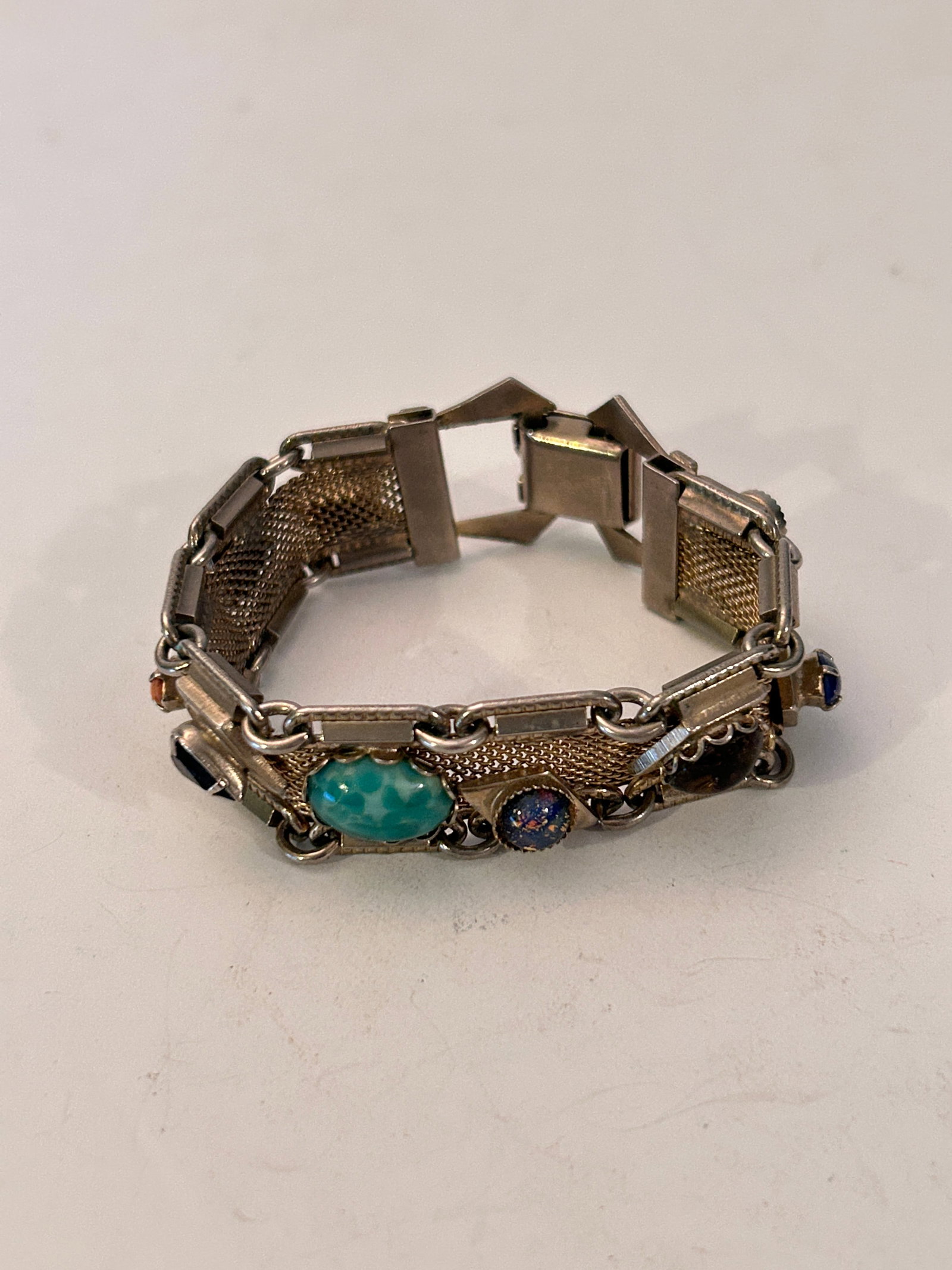 Vintage 50-60's Gold Tone Bracelet, Green/Purple Cabochons, Colorful Bracelet 7" (1 of 4)