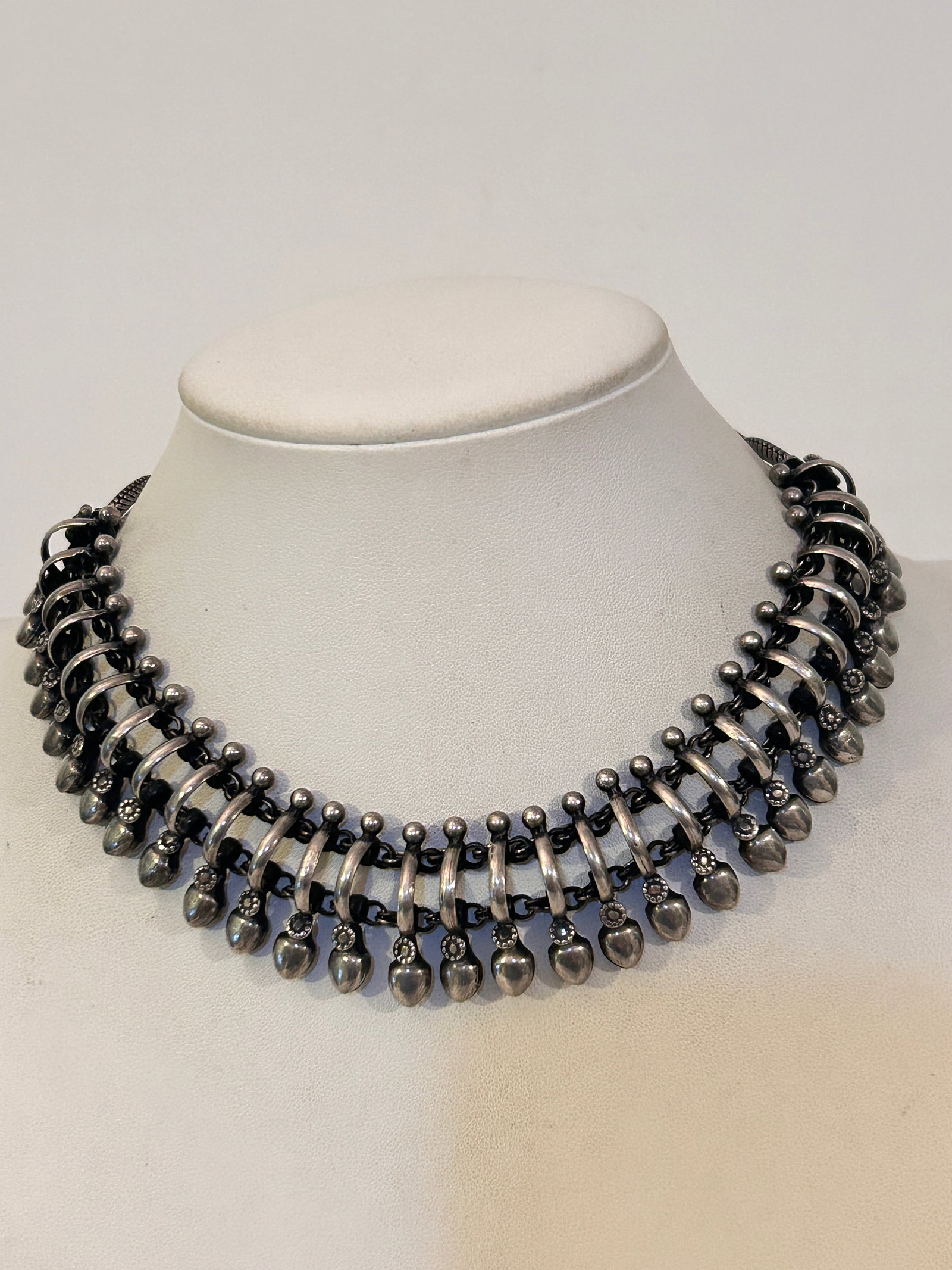 Vintage RA Rajasthan Sterling Silver Hand crafted tribal Collar Necklace 15.5" 91 Grams Rare Design: Vintage RA Rajasthan Sterling Silver Hand crafted tribal Collar Necklace 15.5" 91 Grams Rare Design Please view all photos as they are part of the description and condition of this Item, Feel free to 