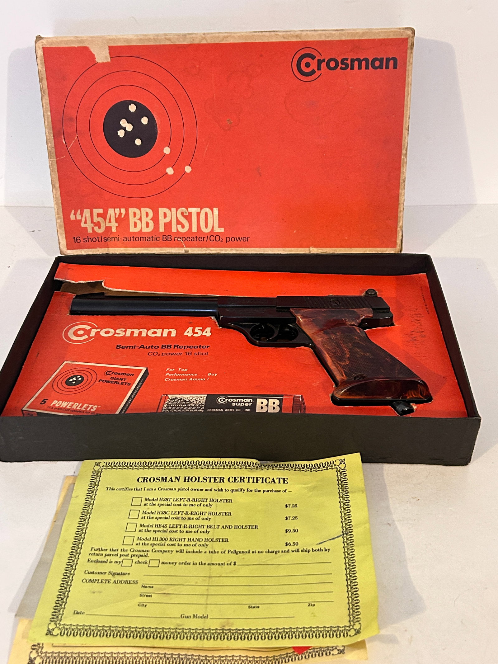 Vtg Crosman 454 .177 Cal CO2 Pellgun Air Pistol BB Gun in box handle was cracked and glued up (1 of 5)
