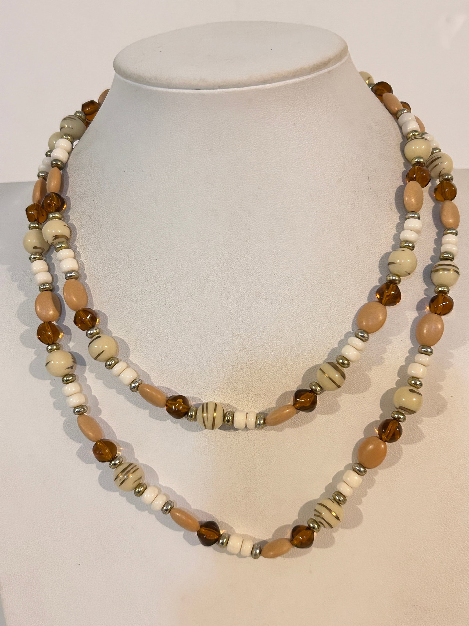 Vintage Faux Amber, Sand Tone Acrylic Beaded Necklace 39?? Gold White Cream Bead: Vintage Faux Amber, Sand Tone Acrylic Beaded Necklace 39? Gold White Cream Bead Please view all photos as they are part of the description and condition of this Item, Feel free to contact me with ques