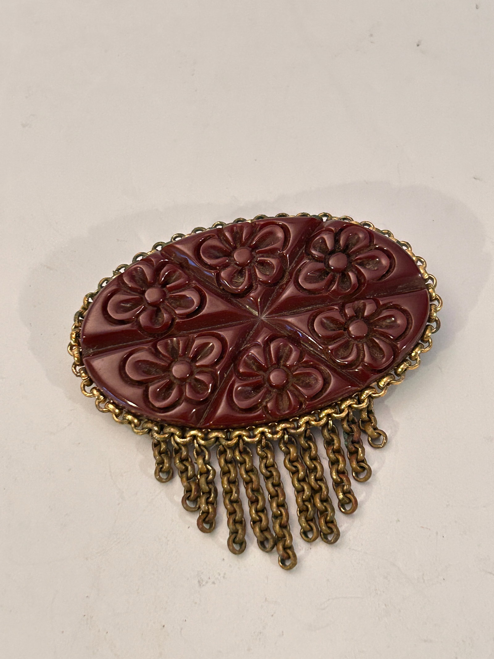 Vintage 1920s Bakelite Brooch Hand Carved Burnt Red Floral Art Deco Pin 3" x 2.5" Brass chain (1 of 5)
