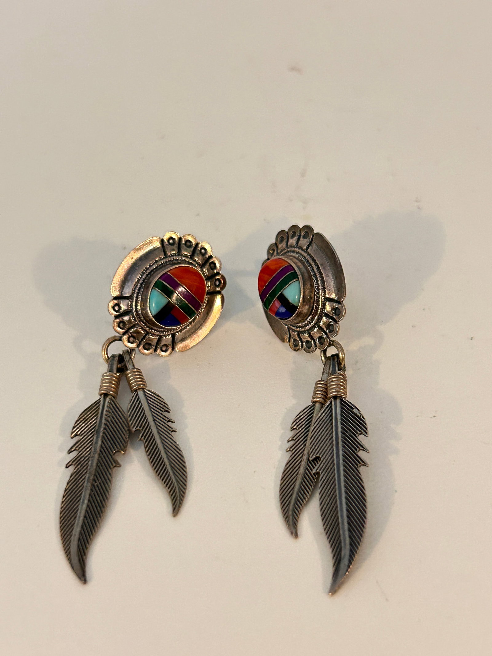 Signed Zuni Sterling Silver Earrings W/ Stones & Feather Tassels: Signed Zuni Sterling Silver Earrings W/ Stones & Feather Tassels Please view all photos as they are part of the description and condition of this Item, Feel free to contact me with questions or pictur