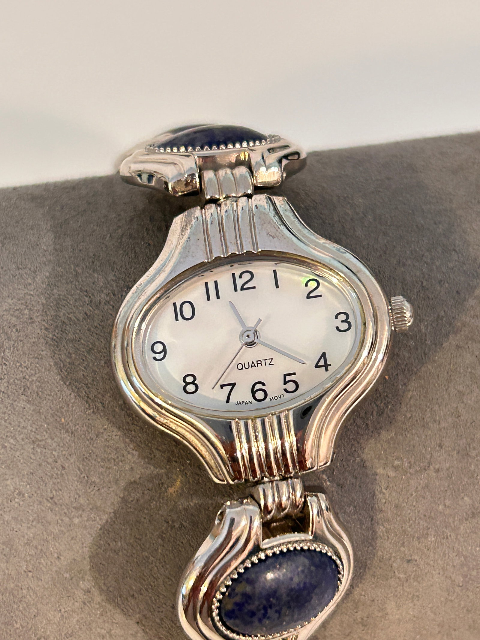 vintage reversible women's wristwatch featuring a silver-tone bracelet adorned with blue lapis-style: vintage reversible women's wristwatch featuring a silver-tone bracelet adorned with blue lapis-style cabochon stones working Please view all photos as they are part of the description and condition of
