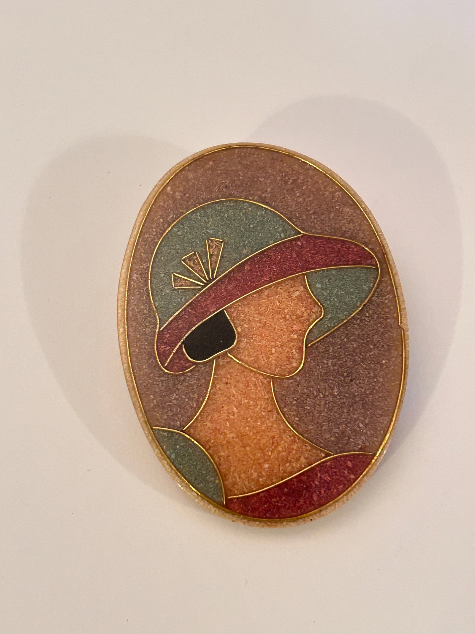 Brooch Vintage Inlaid Lady Large Hat 80?s Art Deco Revival Fashion Jewelry Oval: Brooch Vintage Inlaid Lady Large Hat 80?s Art Deco Revival Fashion Jewelry Oval Please view all photos as they are part of the description and condition of this Item, Feel free to contact me with ques