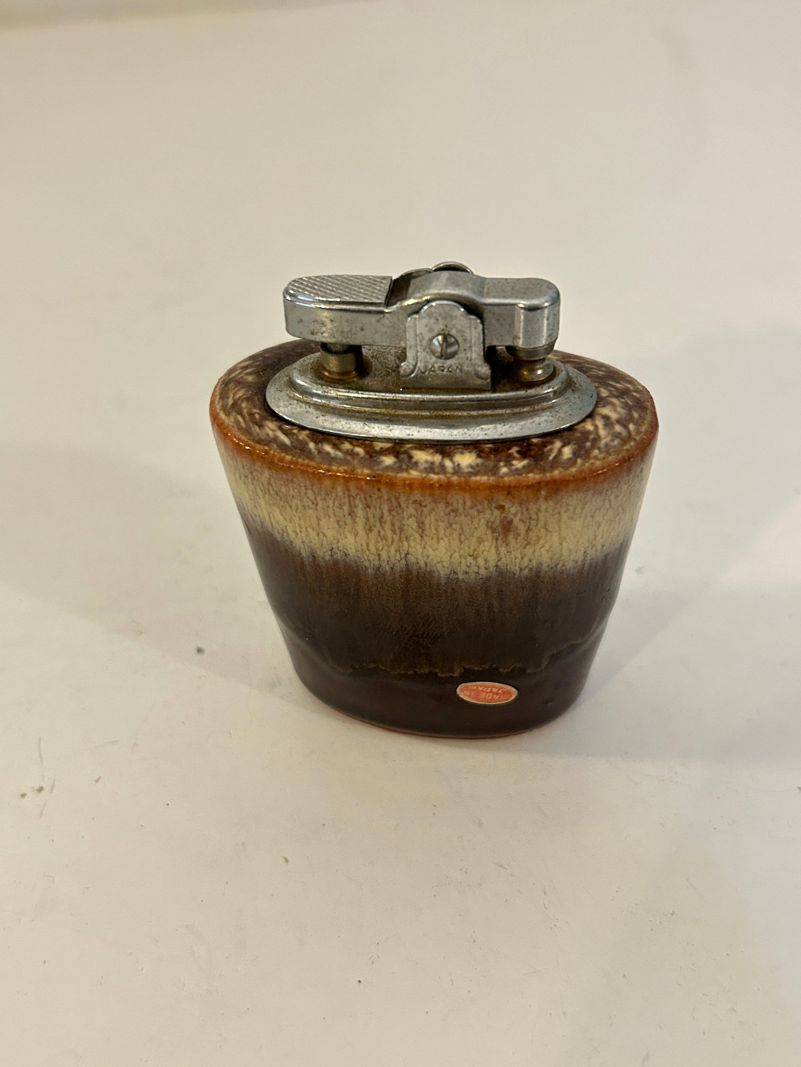 vintage Japanese table lighter ceramic base brown and beige drip glaze: vintage Japanese table lighter ceramic base brown and beige drip glaze
