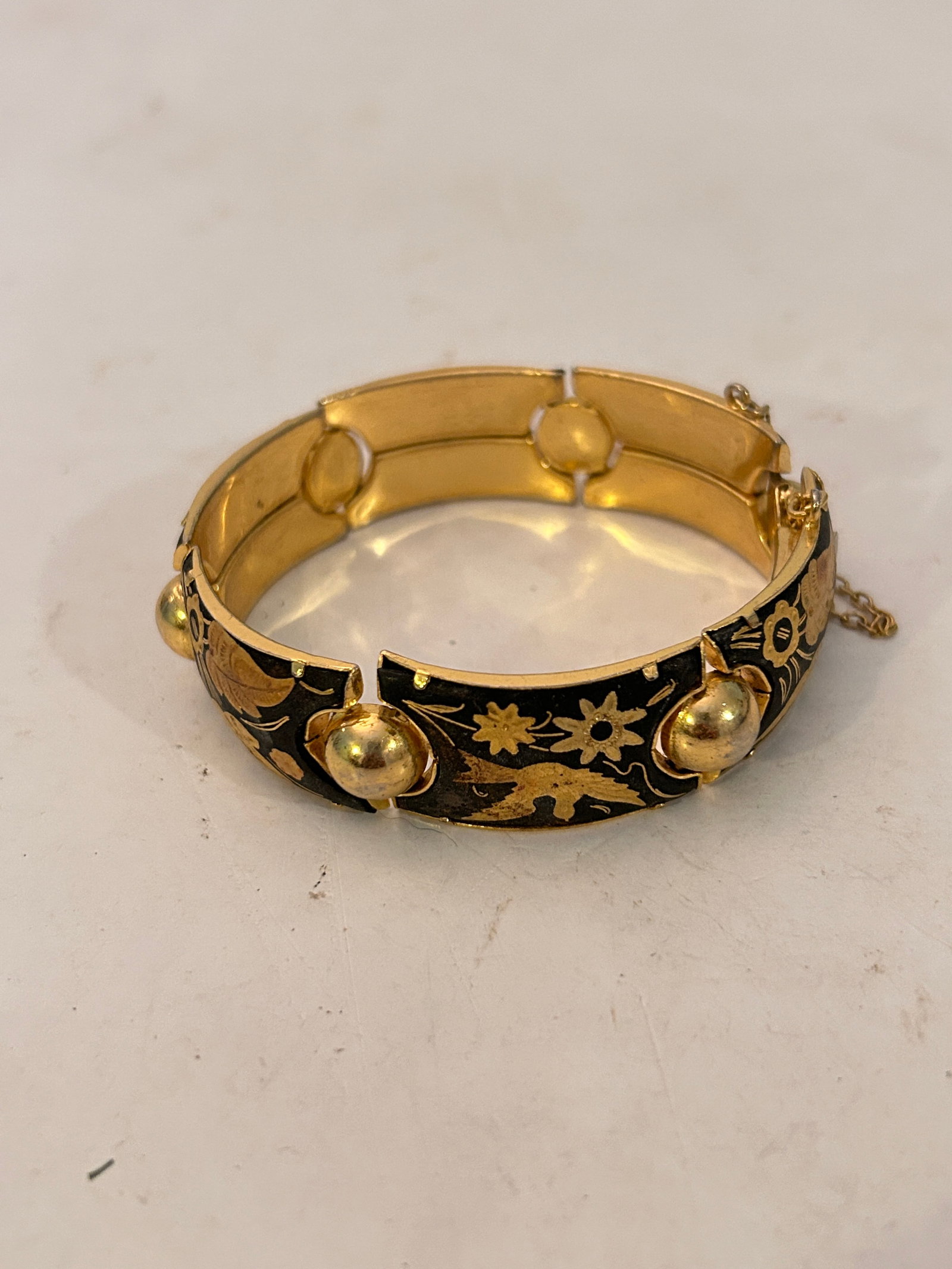 Vintage Damascene 6 Panel Chain Birds Leaves 7" Bracelet