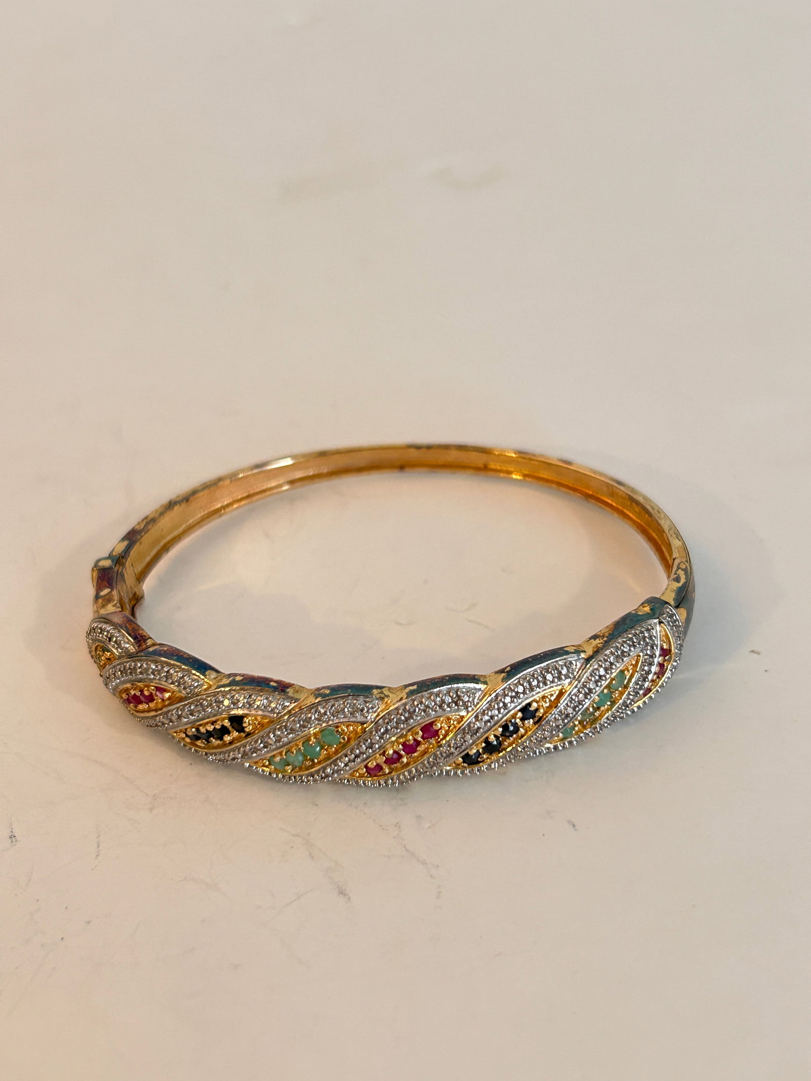 Sterling Silver w/Gold Plate Bangle Bracelet, Twist Design Multi Color Gemstones 7" (1 of 5)