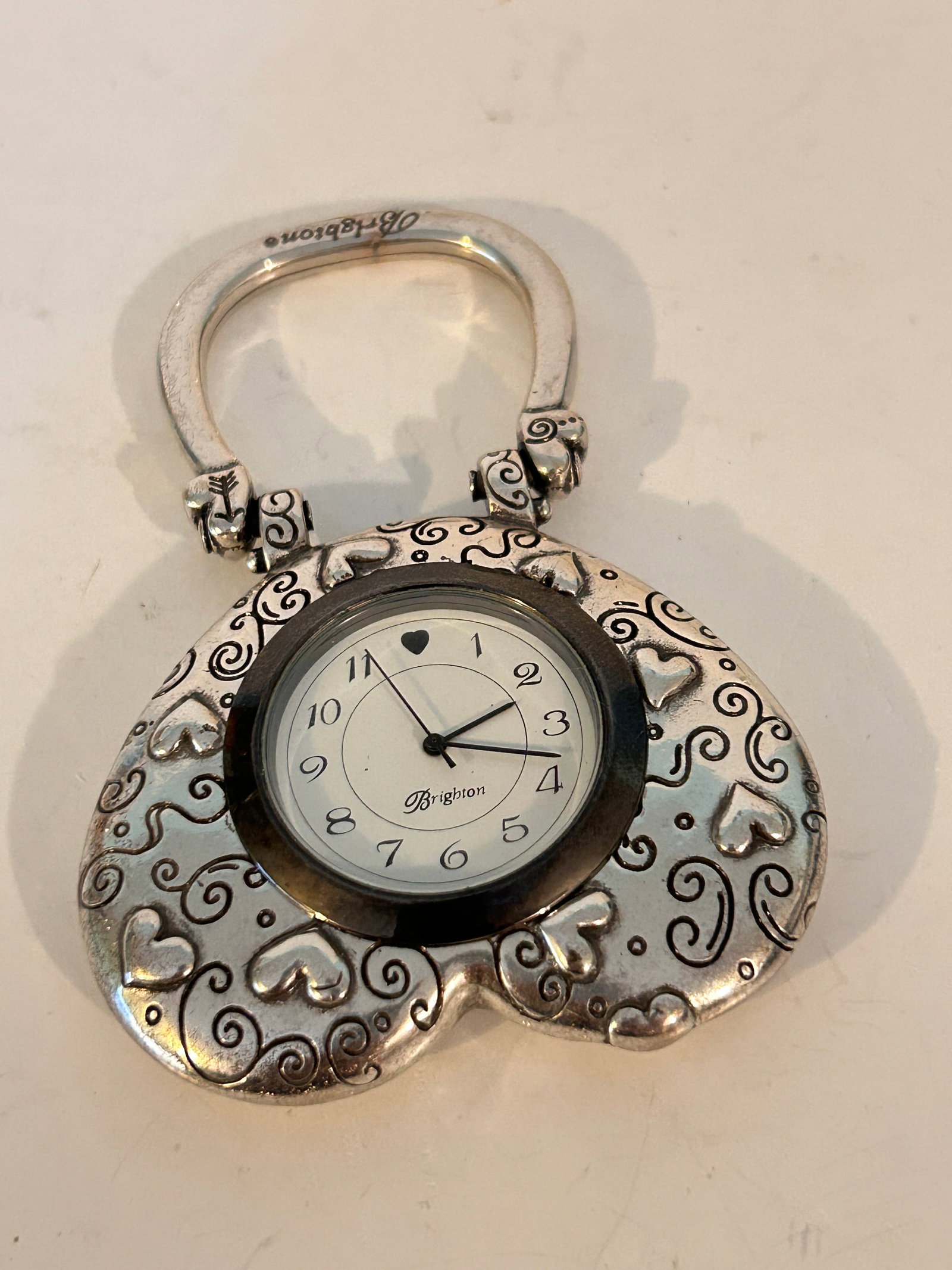 Brighton Retired Heart Clock Mini Foldable Silver Tone Swirls Cute Desk Travel (1 of 4)