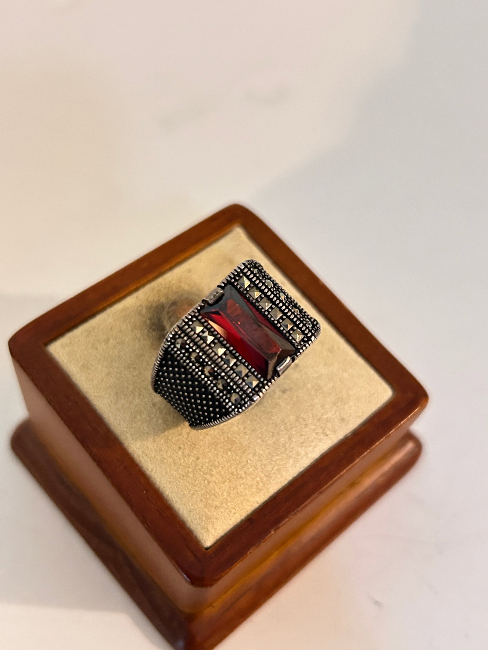 Art Deco KGI Sterling Silver Red Stone Marcasite Ring Sz 10