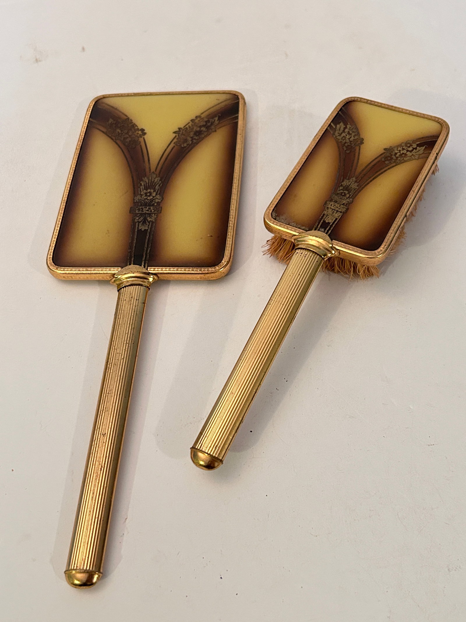 Vanity Set Mirror And Brush With Gold Floral Print (1 of 4)
