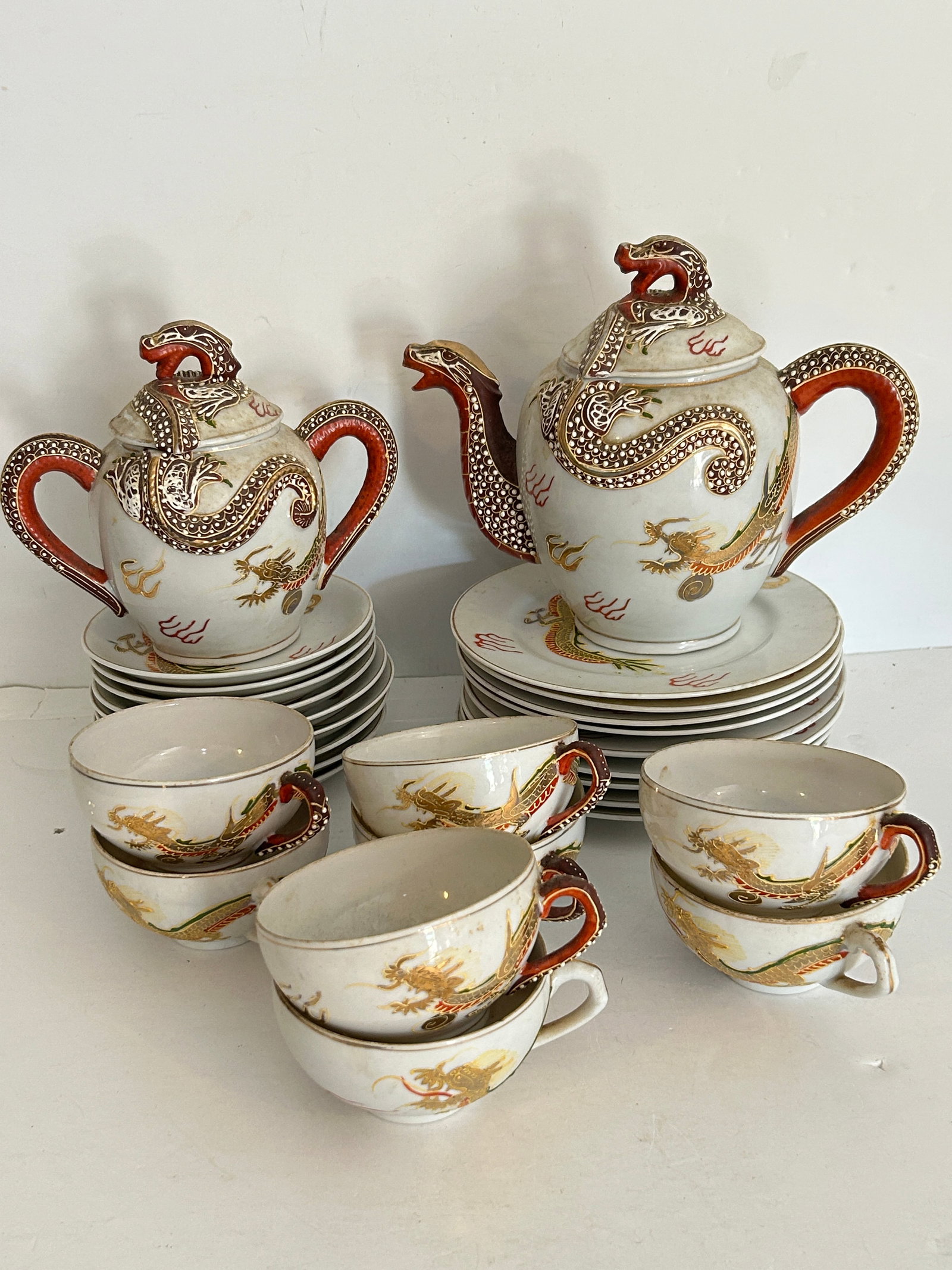 Antique C 1920's Meijyo Kutani Japan Dragon Tea Set 24 pc nice shape (1 of 4)