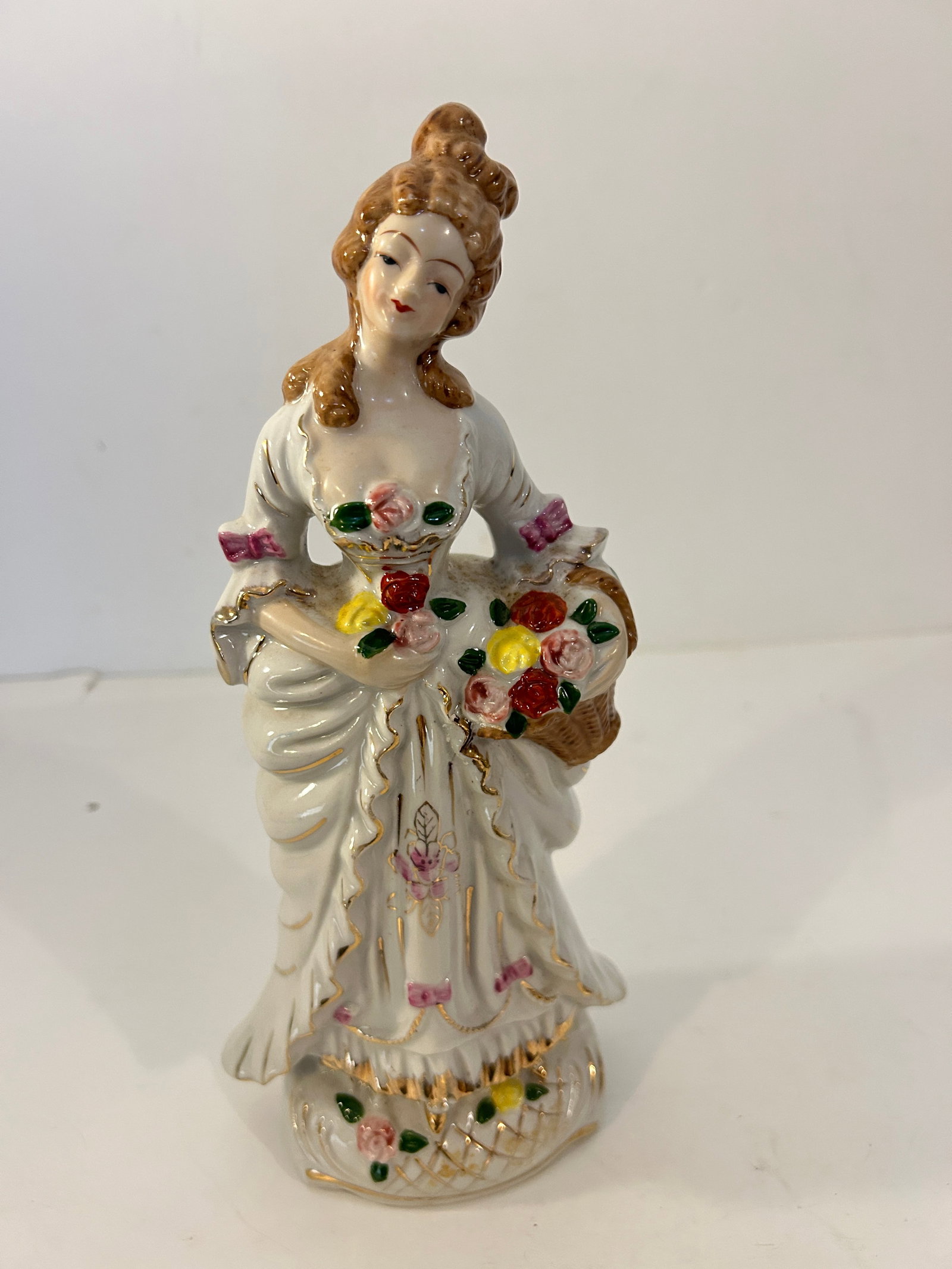 Vintage Victorian Lady w Flower Basket Porcelain Figurine Japan: Vintage Victorian Lady w Flower Basket Porcelain Figurine Japan Please view all photos as they are part of the description and condition of this Item, Feel free to contact me with questions or picture