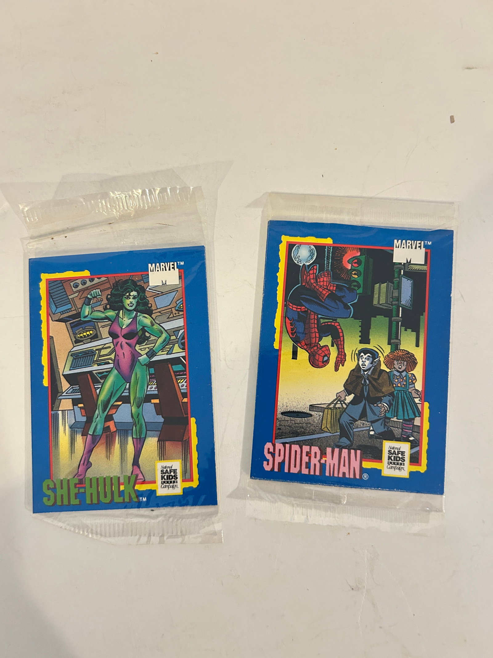 1991 Impel Marvel Superheroes Trading Card Treats, featuring She-Hulk and Spider-Man. (1 of 2)