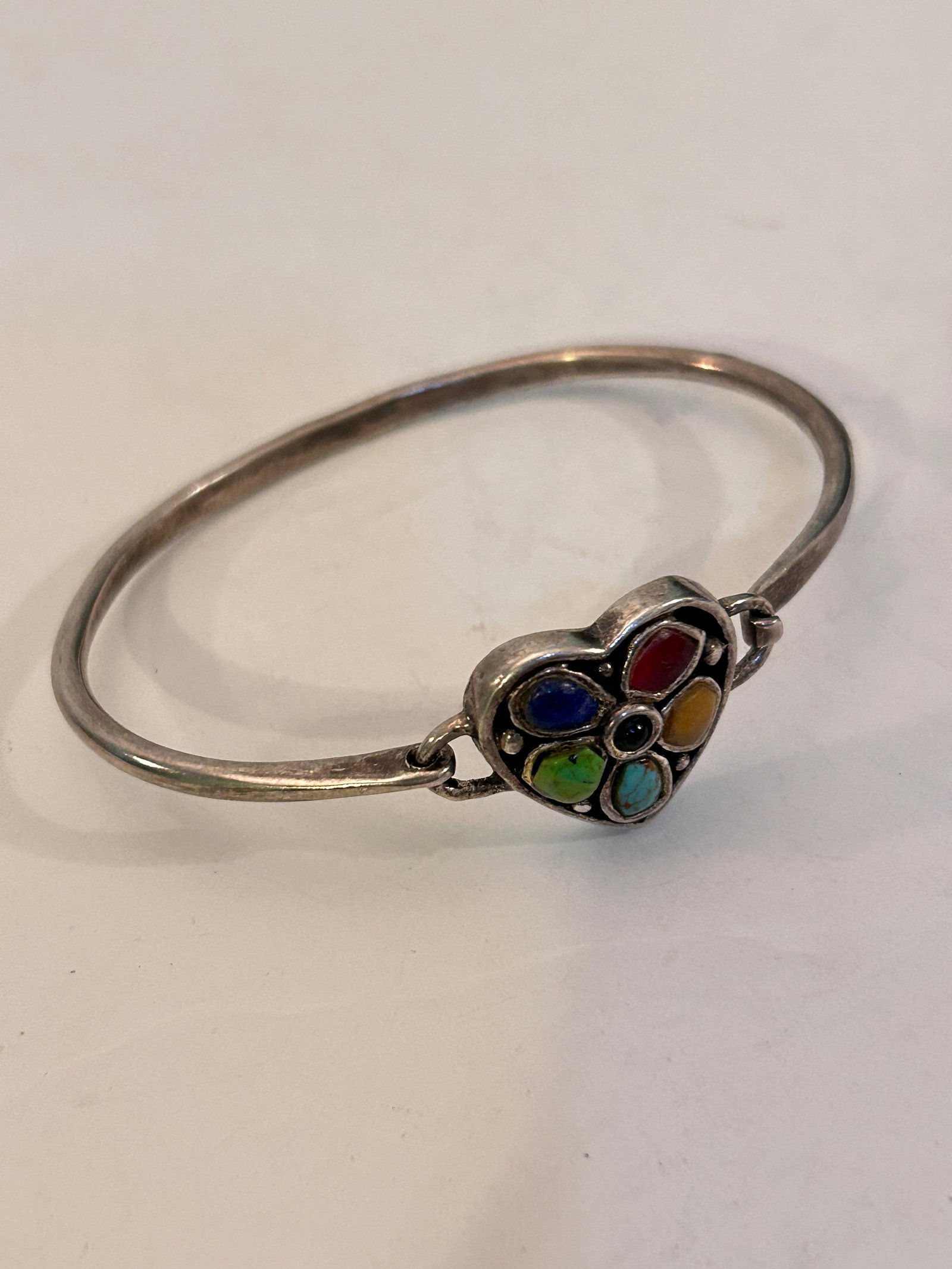 Vintage Sterling Silver Barse Heart Hook Bangle Bracelet Multi Stone Turquoise 7": Vintage Sterling Silver Barse Heart Hook Bangle Bracelet Multi Stone Turquoise 7" Please view all photos as they are part of the description and condition of this Item, Feel free to contact me with qu