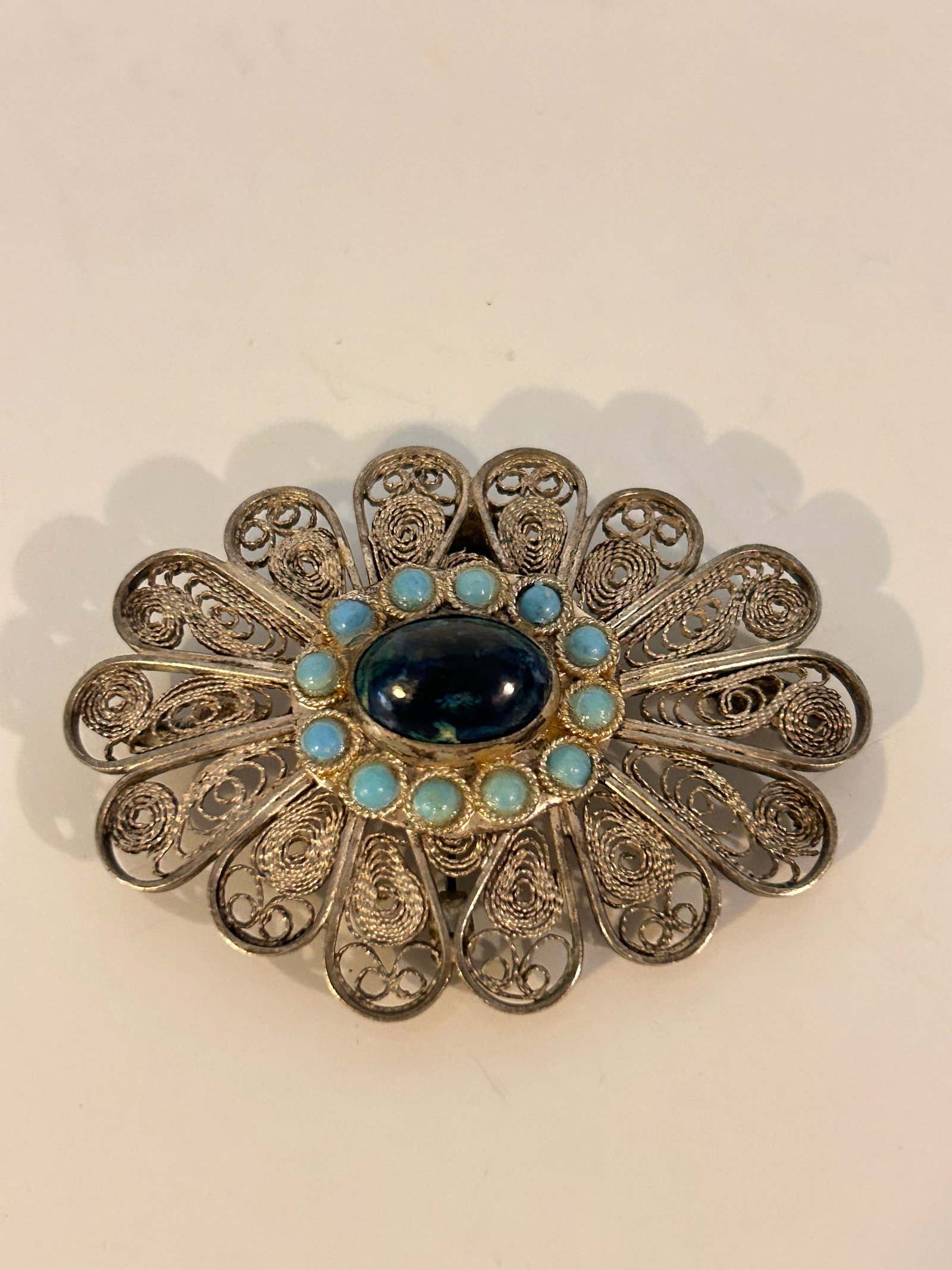 Vintage Jerusalem 935 Silver Brooch Pendant with Turquoise & Lapis Lazuli Filigree: Vintage Jerusalem 935 Silver Brooch Pendant with Turquoise & Lapis Lazuli Filigree Please view all photos as they are part of the description and condition of this Item, Feel free to contact me with q
