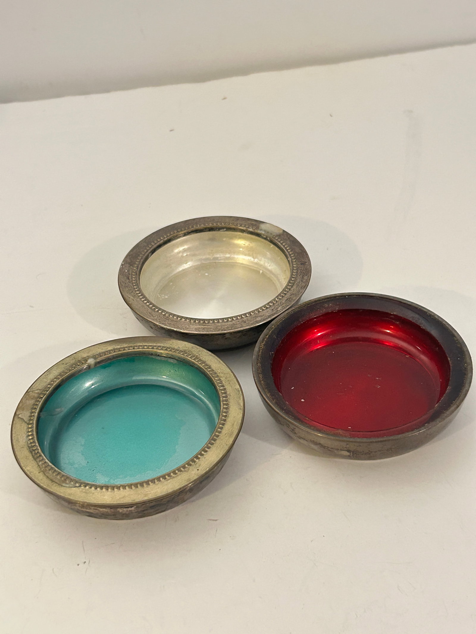 3 Silver-plated metal with glass Coasters: 3 Silver-plated metal with glass Coasters Please view all photos as they are part of the description and condition of this Item, Feel free to contact me with questions or picture requests! Used Item A
