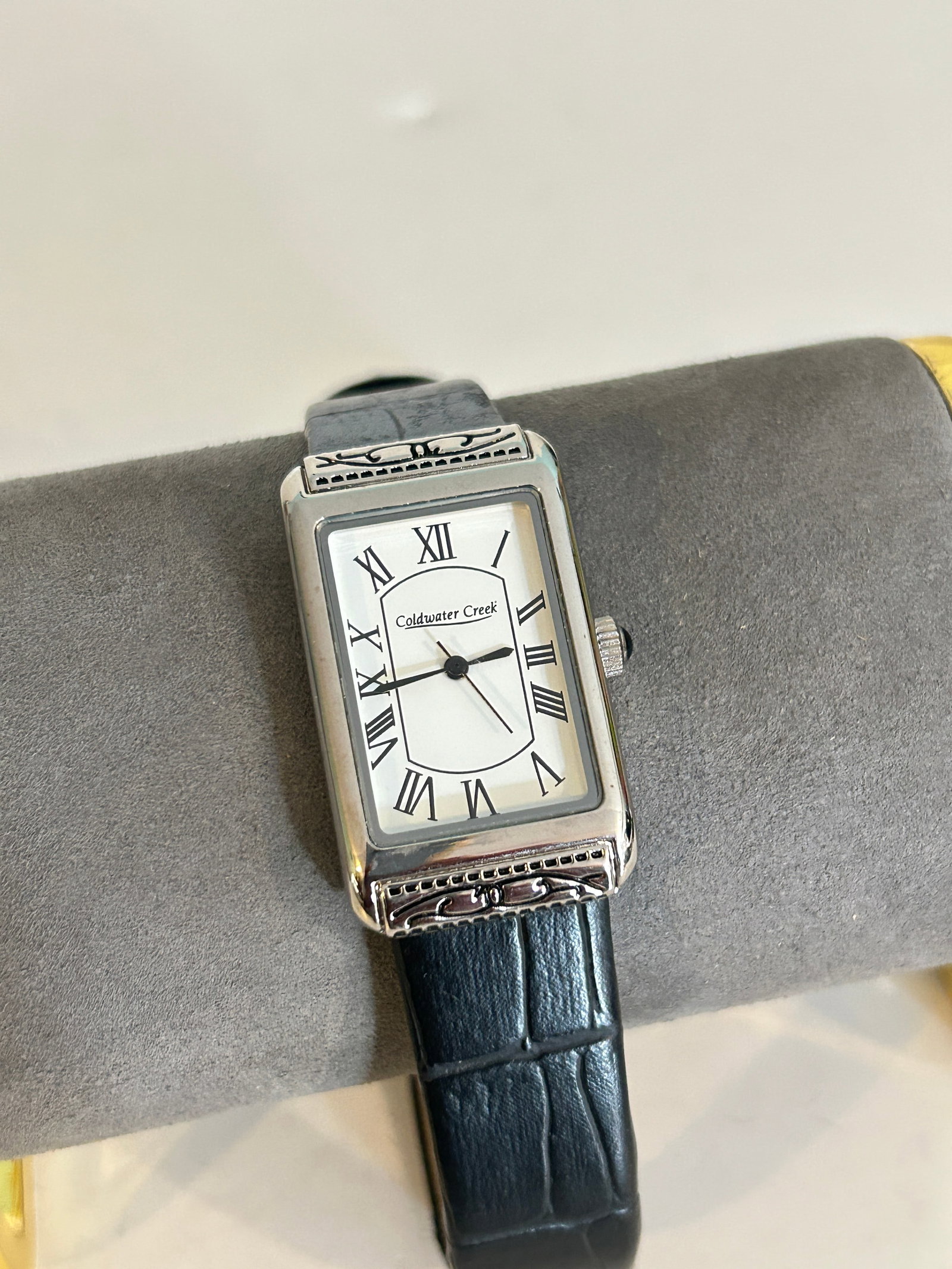 Ladies New Coldwater Creek Pedre Watch Rectangle Silver Tone Black Leather Band (1 of 5)