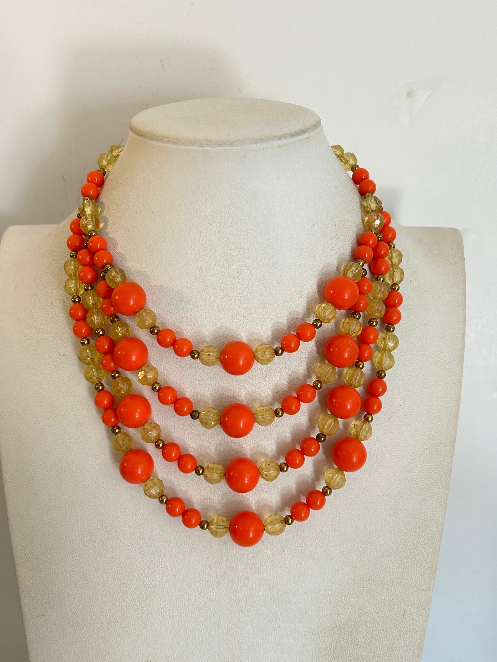 Vintage 15" Orange Acrylic Bead and Crystal 3 Tiered Necklace: Vintage 15" Orange Acrylic Bead and Crystal 3 Tiered Necklace Please view all photos as they are part of the description and condition of this Item, Feel free to contact me with questions or picture r