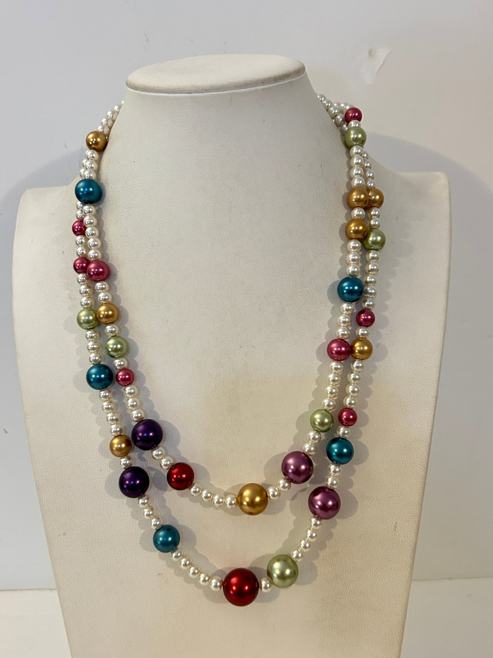 Vintage Multicolor Double Strand Beaded Necklace Faux Pearl 19" (1 of 6)