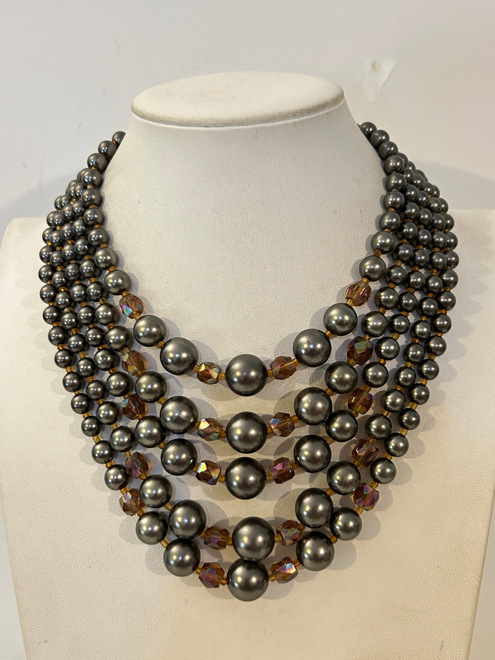 Vintage Japan multi-strand pearly gun tone and glass beads Necklace 15": Vintage Japan multi-strand pearly gun tone and glass beads Necklace 15" Please view all photos as they are part of the description and condition of this Item, Feel free to contact me with questions or