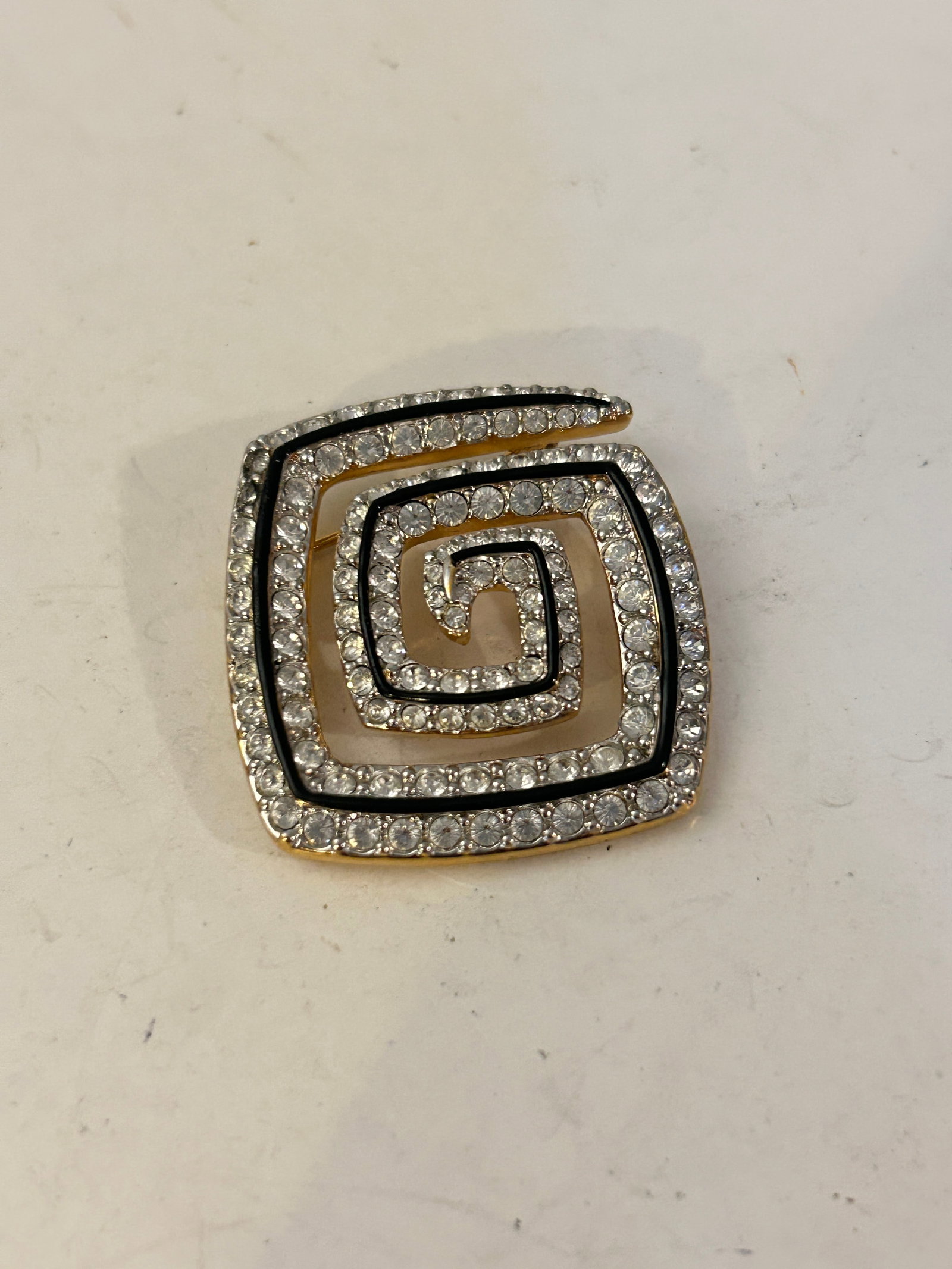 Vintage Swarovski Swan Logo Black Enamel & Crystal Square Spiral Brooch (1 of 4)