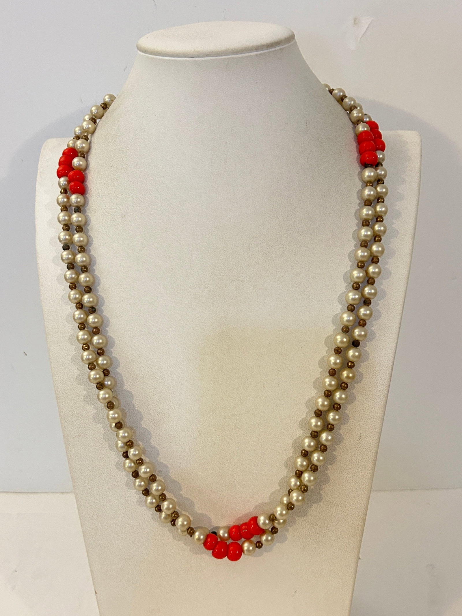 Vintage multi-strand faux pearl and red coral bead design Necklace 54": Vintage multi-strand faux pearl and red coral bead design Necklace 54" Please view all photos as they are part of the description and condition of this Item, Feel free to contact me with questions or 