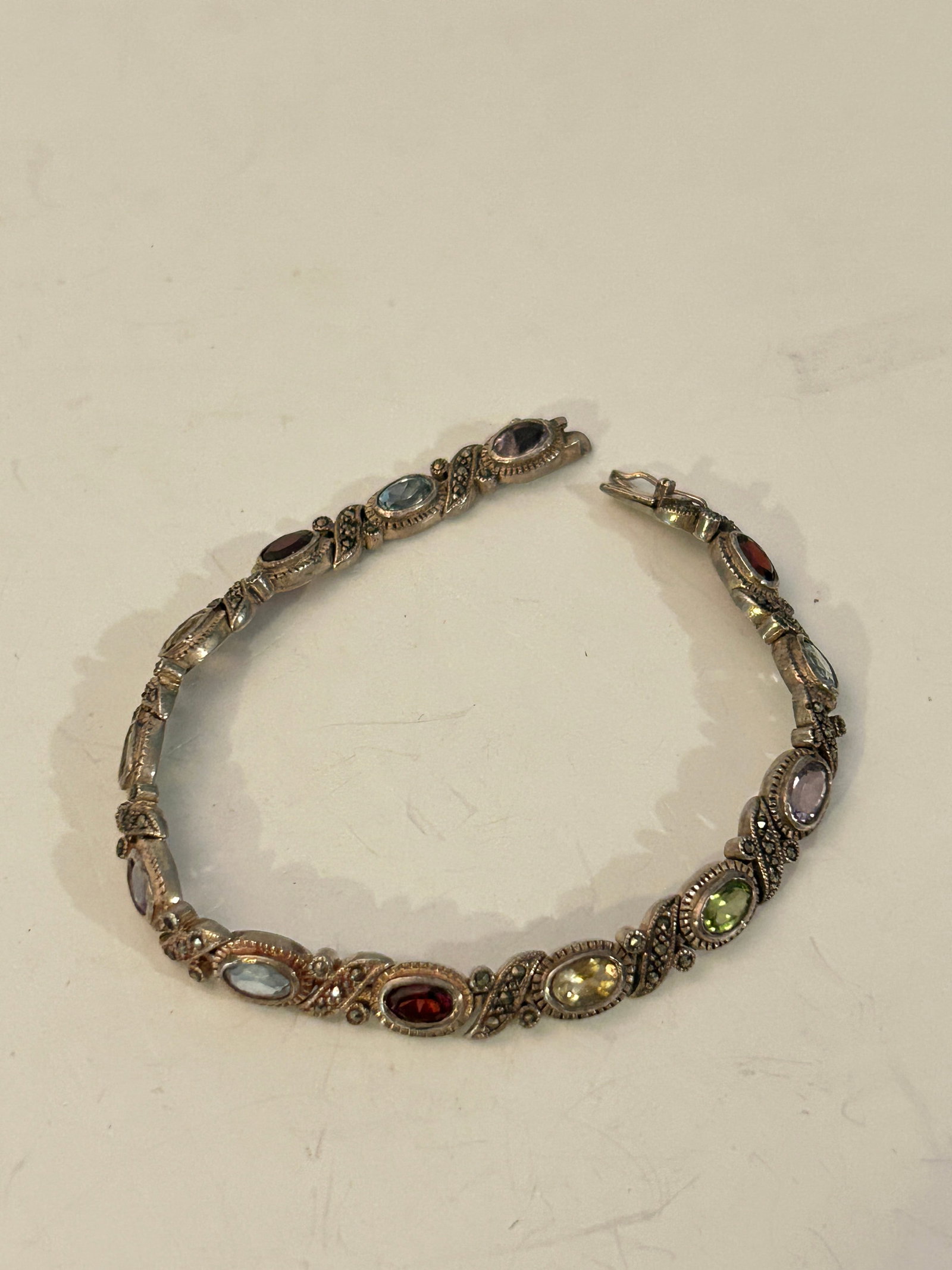 Beautiful NF Sterling Silver Multi Gem stone marcasite bracelet 8" 16 GRAMS (1 of 5)