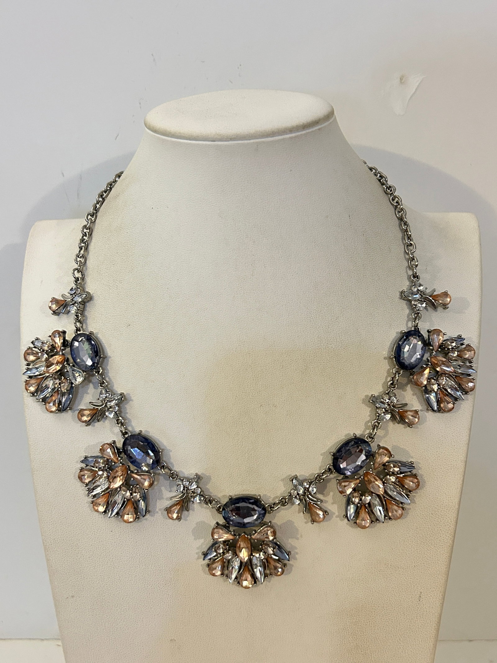 Vintage Grey,peach, White Rhinestone Necklace 18"