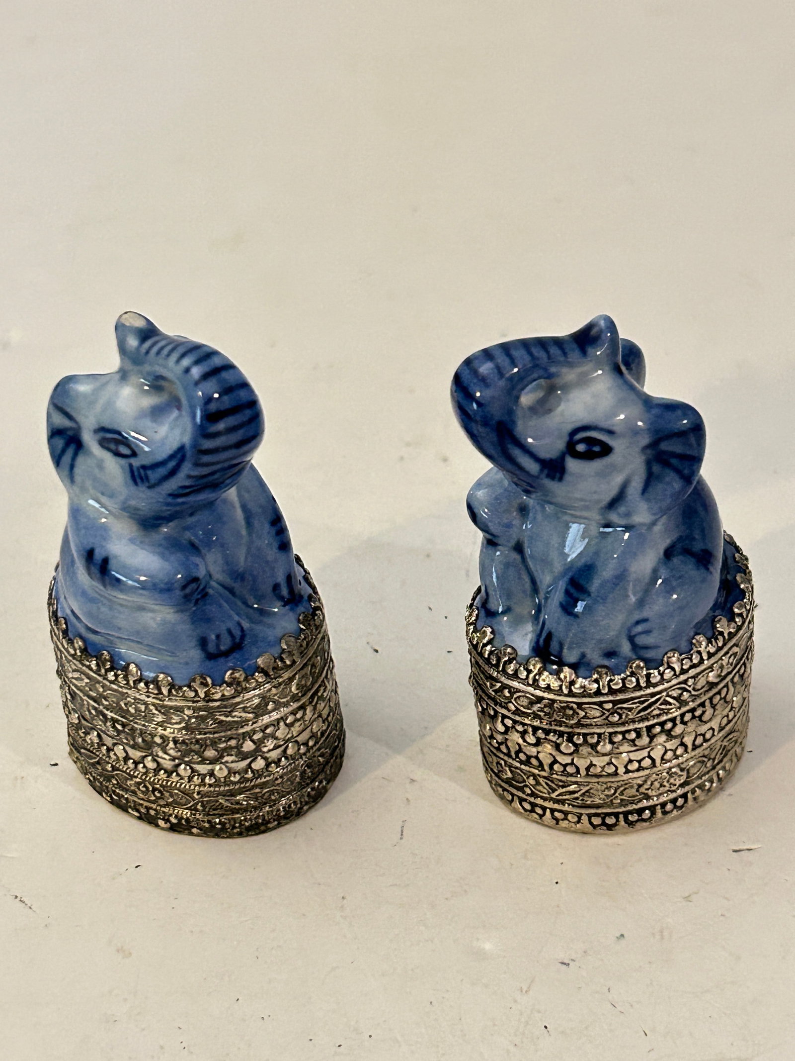 Lot of 2 Small Ceramic blue Elephant on Tin/Metal Pill Trinket Box Trunk Up for luck (1 of 5)