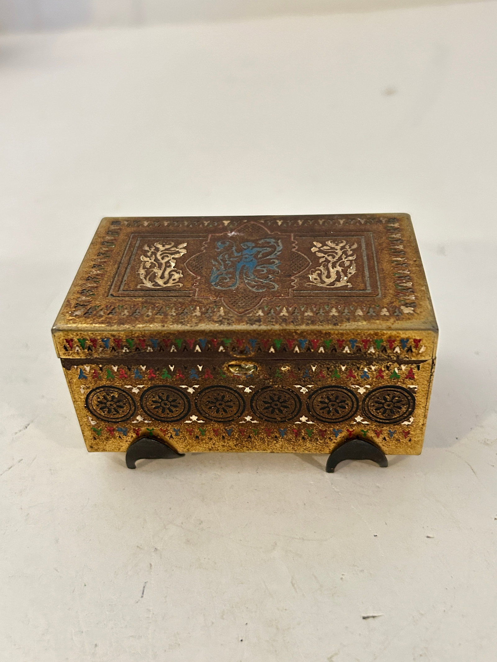 ornate, vintage small metal trinket/jewelry box inlaid accents 3" x 2": ornate, vintage small metal trinket/jewelry box inlaid accents 3" x 2" Please view all photos as they are part of the description and condition of this Item, Feel free to contact me with questions or 