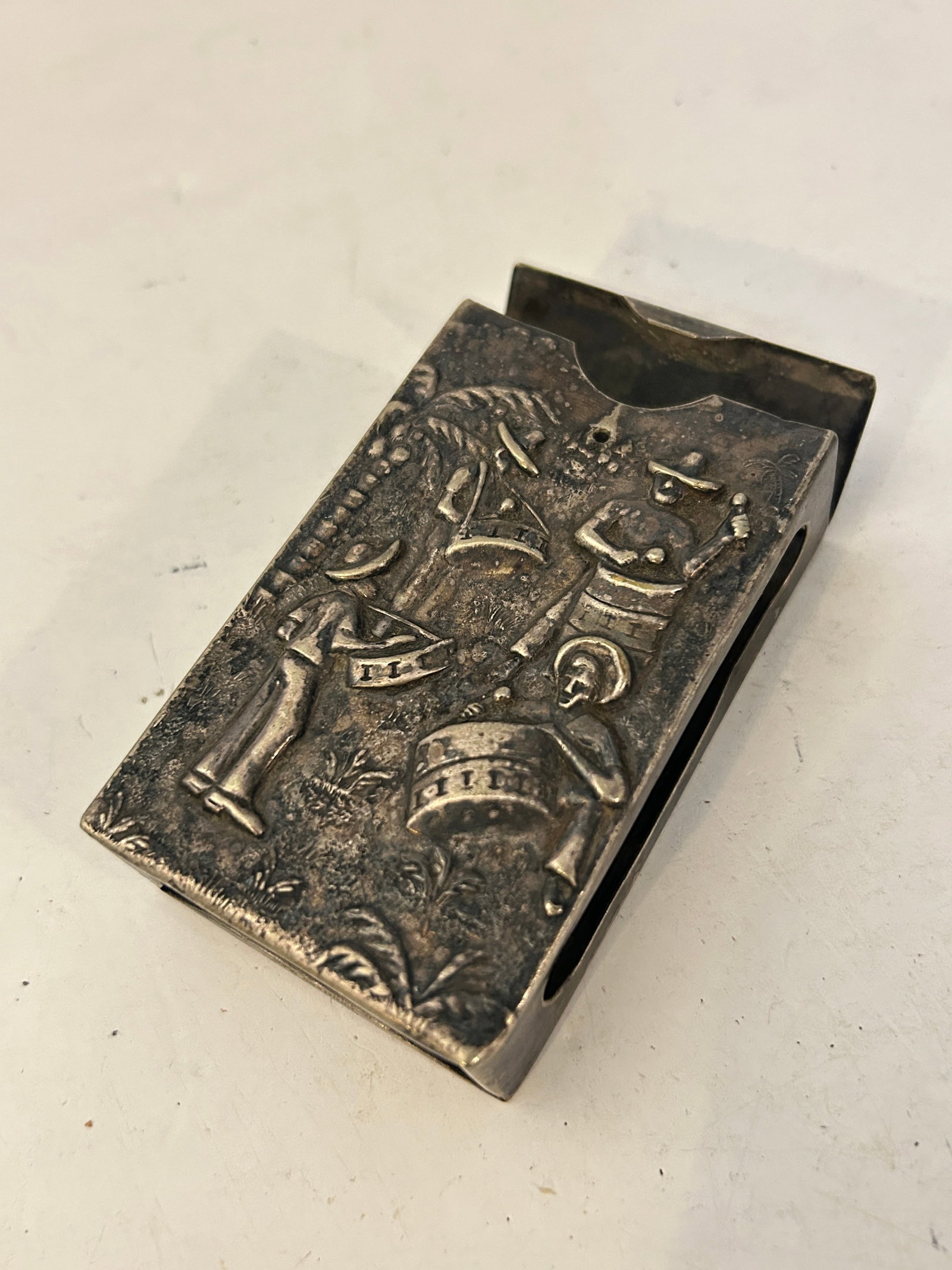1940s-50s Hans Jensen, Danish silver plate repousse cigarette case, Drummers broken closer (1 of 5)