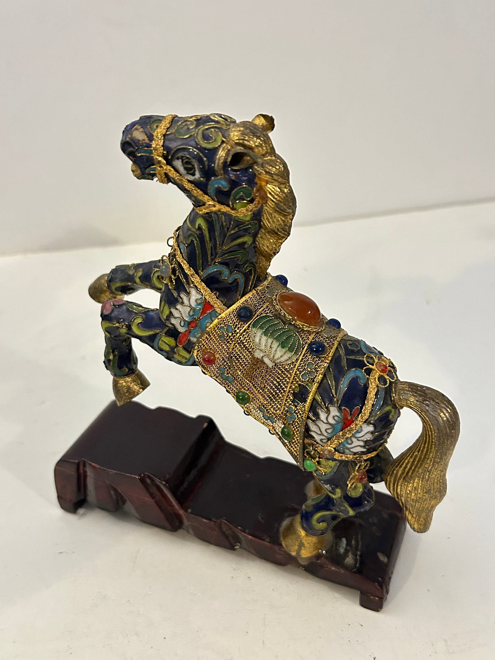 Vntg Chinese Cloisonne Enamel Horse on Wood platform Figure Statue Collectable 9" (1 of 6)