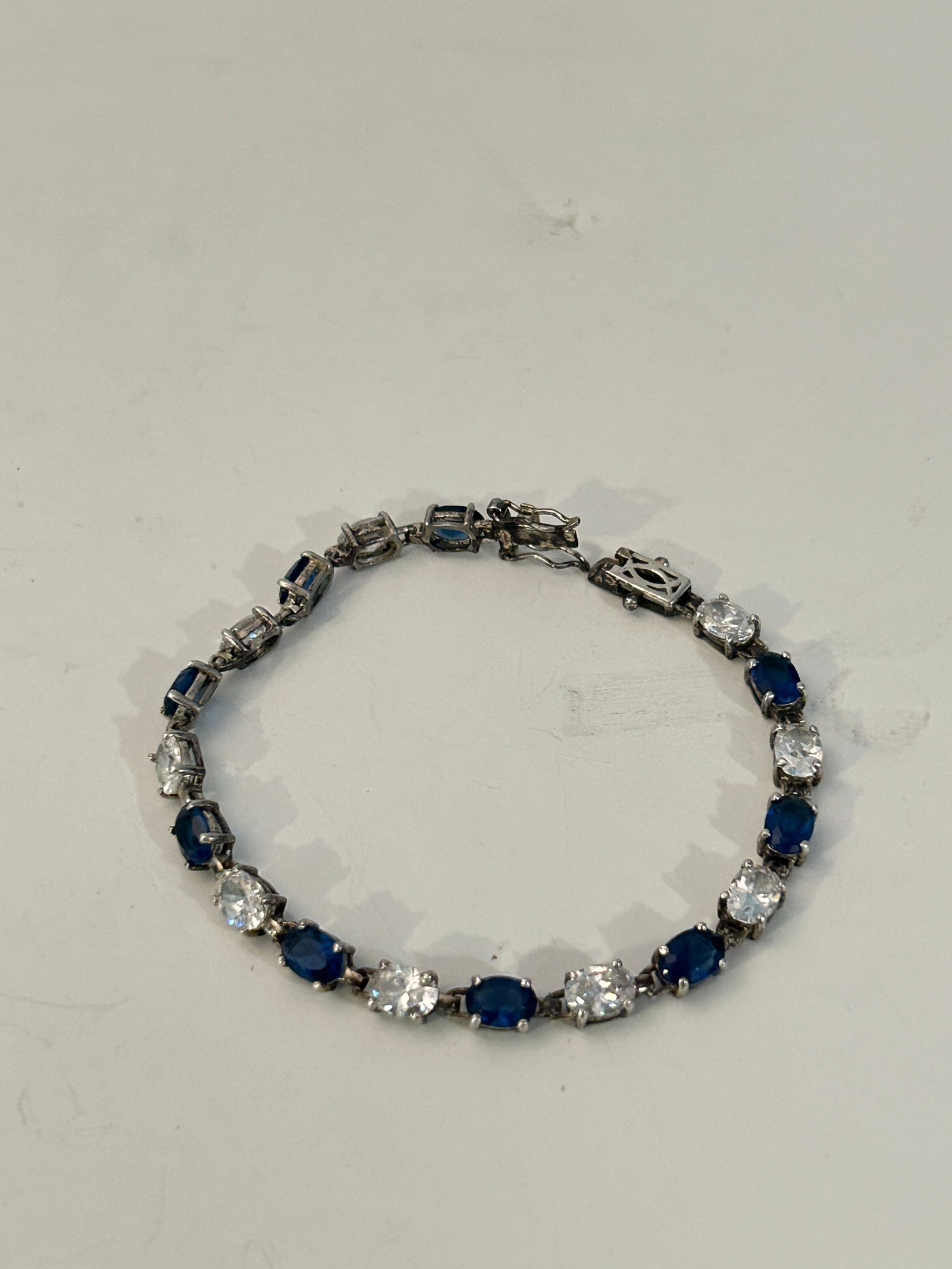 Sterling Silver SU Sapphire Blue White Rhinestones Tennis Bracelet 8" 13 GRAMS (1 of 5)