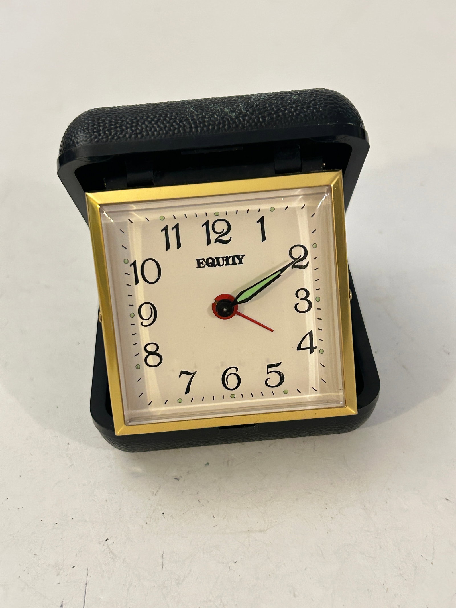 Equity Travel Alarm Clock Wind Up Hard Case Black Vintage working (1 of 4)