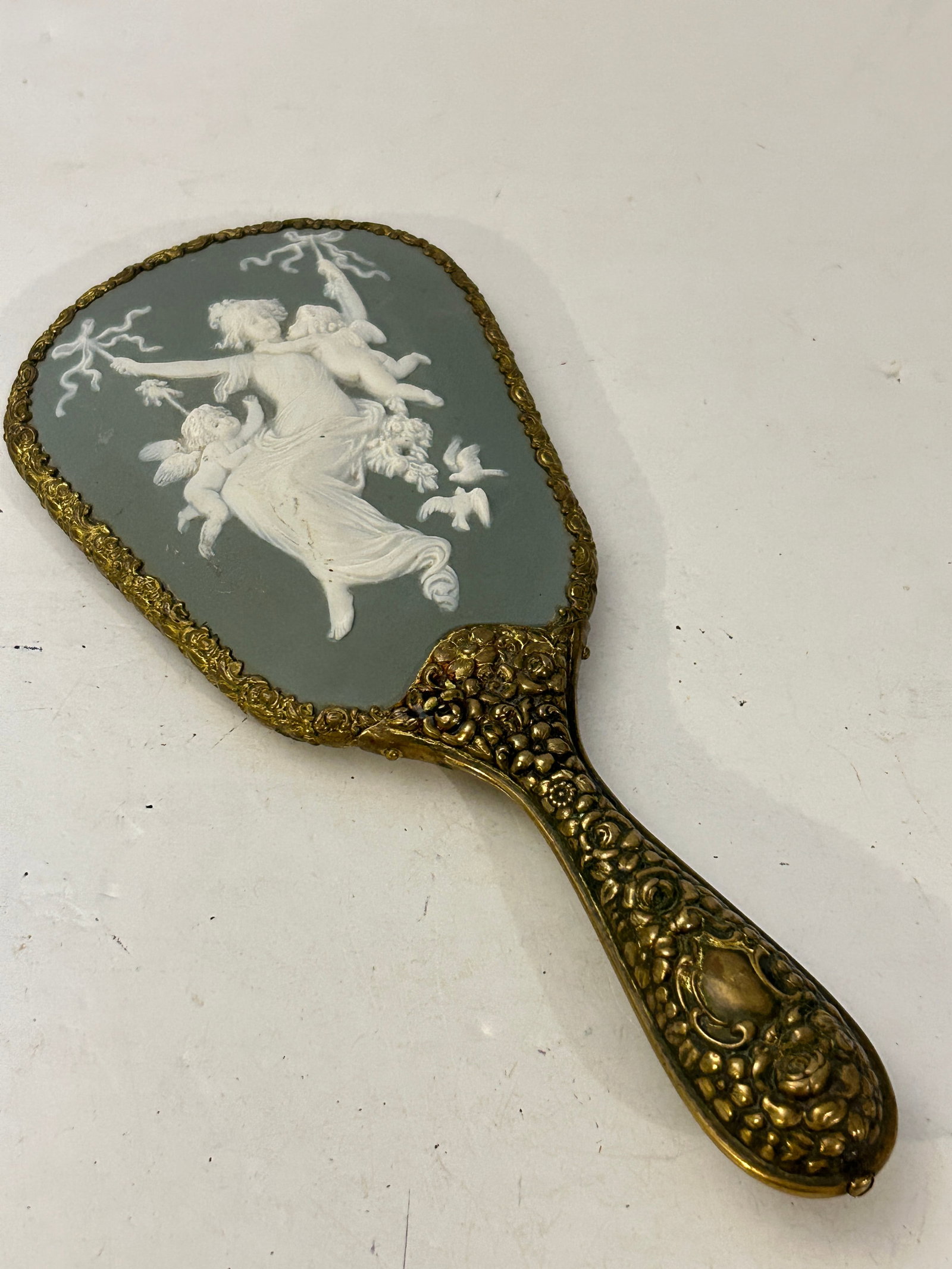 Antique Wedgwood Angel Cherub 19 C. Hand Mirror 9 1/2" Floral Guilt (1 of 4)
