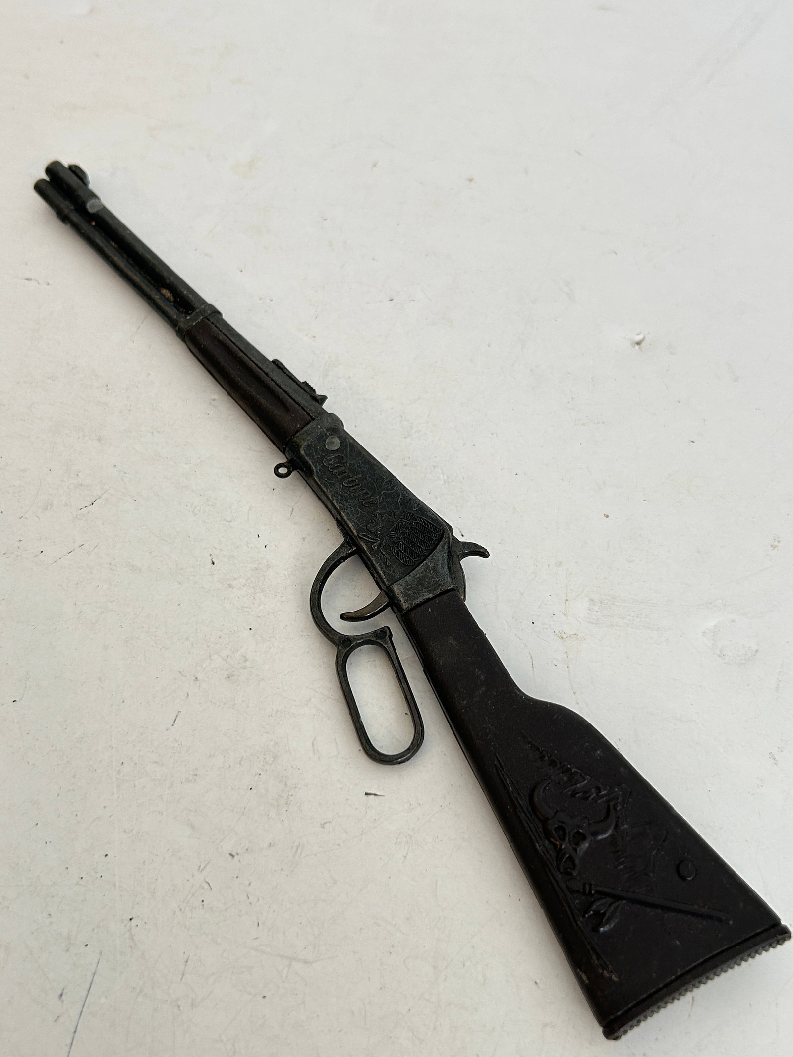 vintage miniature lever-action toy cowboy carbine rifle 11": vintage miniature lever-action toy cowboy carbine rifle 11" Please view all photos as they are part of the description and condition of this Item, Feel free to contact me with questions or picture req
