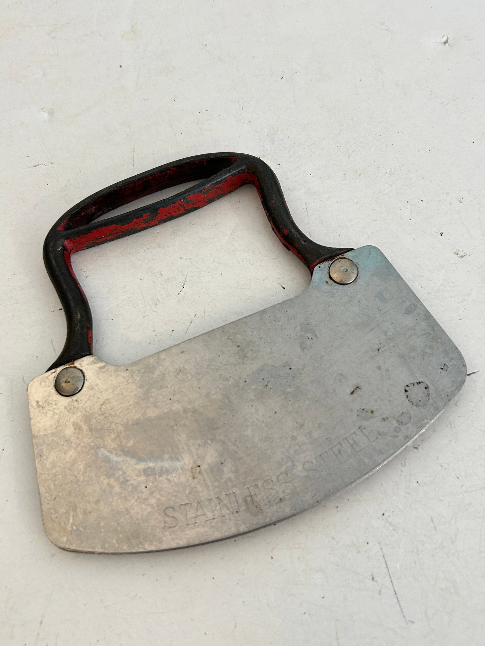 Vintage stainless steel chopper Cast Iron red handle: Vintage stainless steel chopper Cast Iron red handle Please view all photos as they are part of the description and condition of this Item, Feel free to contact me with questions or picture requests! 