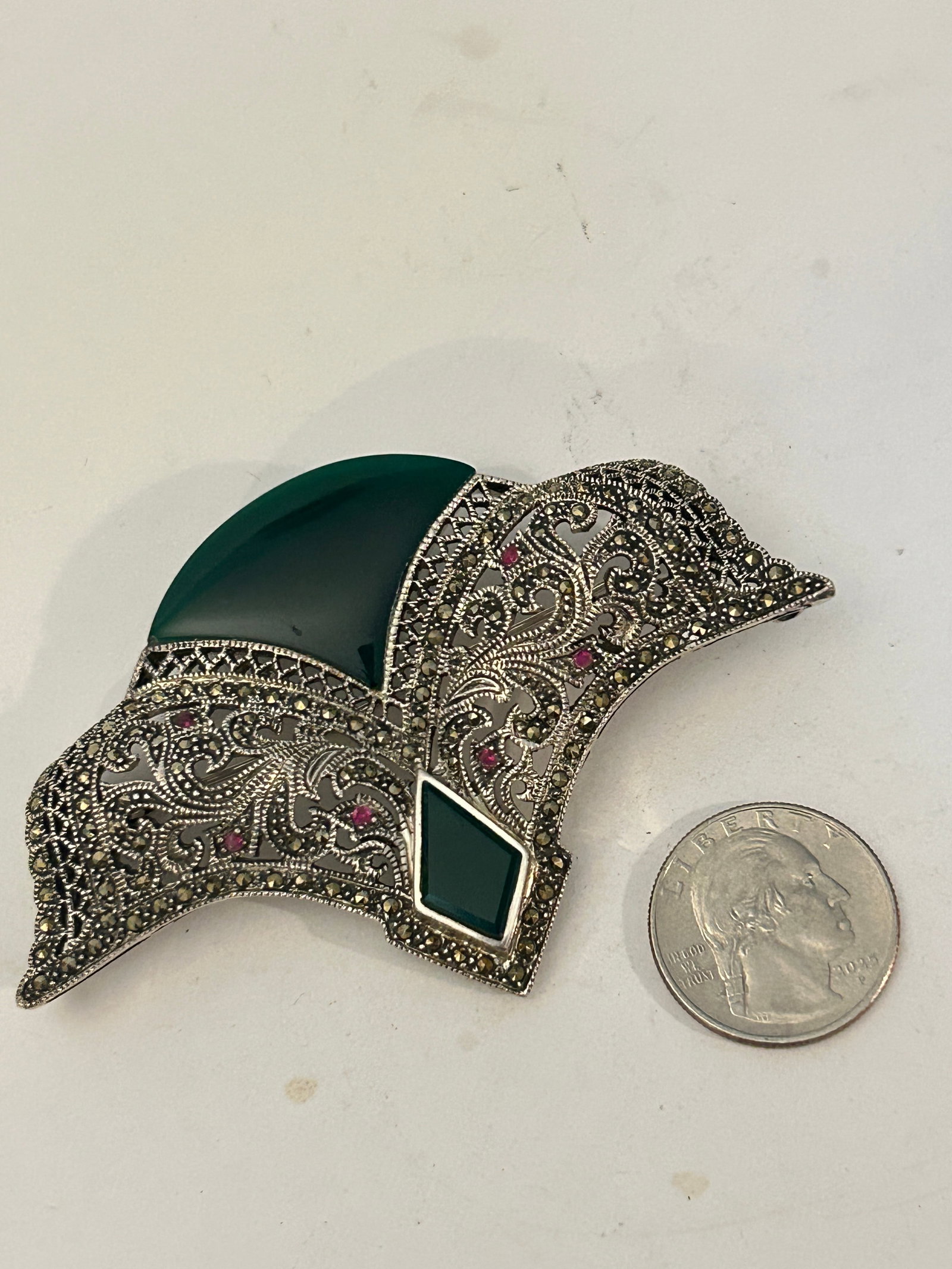 Antique Large Sterling Silver 925 Marcasite Filigree Green Tourmaline Pendant Brooch 3 1/2" x 2 1/4": Antique Large Sterling Silver 925 Marcasite Filigree Green Tourmaline Pendant Brooch 3 1/2" x 2 1/4" Please view all photos as they are part of the description and condition of this Item, Feel free to