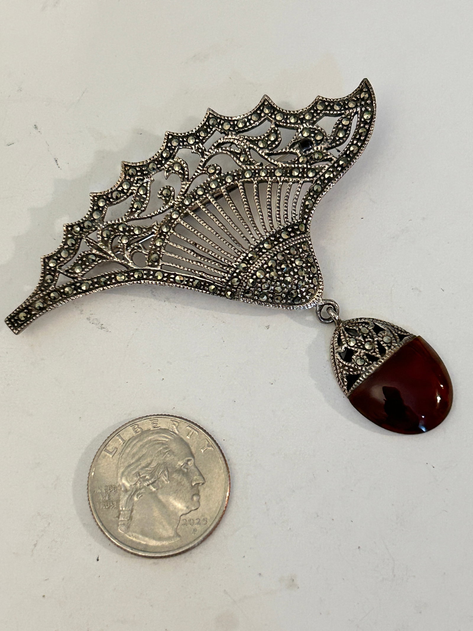 Vintage Century Carnelian & Marcasite Sterling Silver 925 Brooch 3" x 2 3/4": Vintage Century Carnelian & Marcasite Sterling Silver 925 Brooch 3" x 2 3/4" Please view all photos as they are part of the description and condition of this Item, Feel free to contact me with