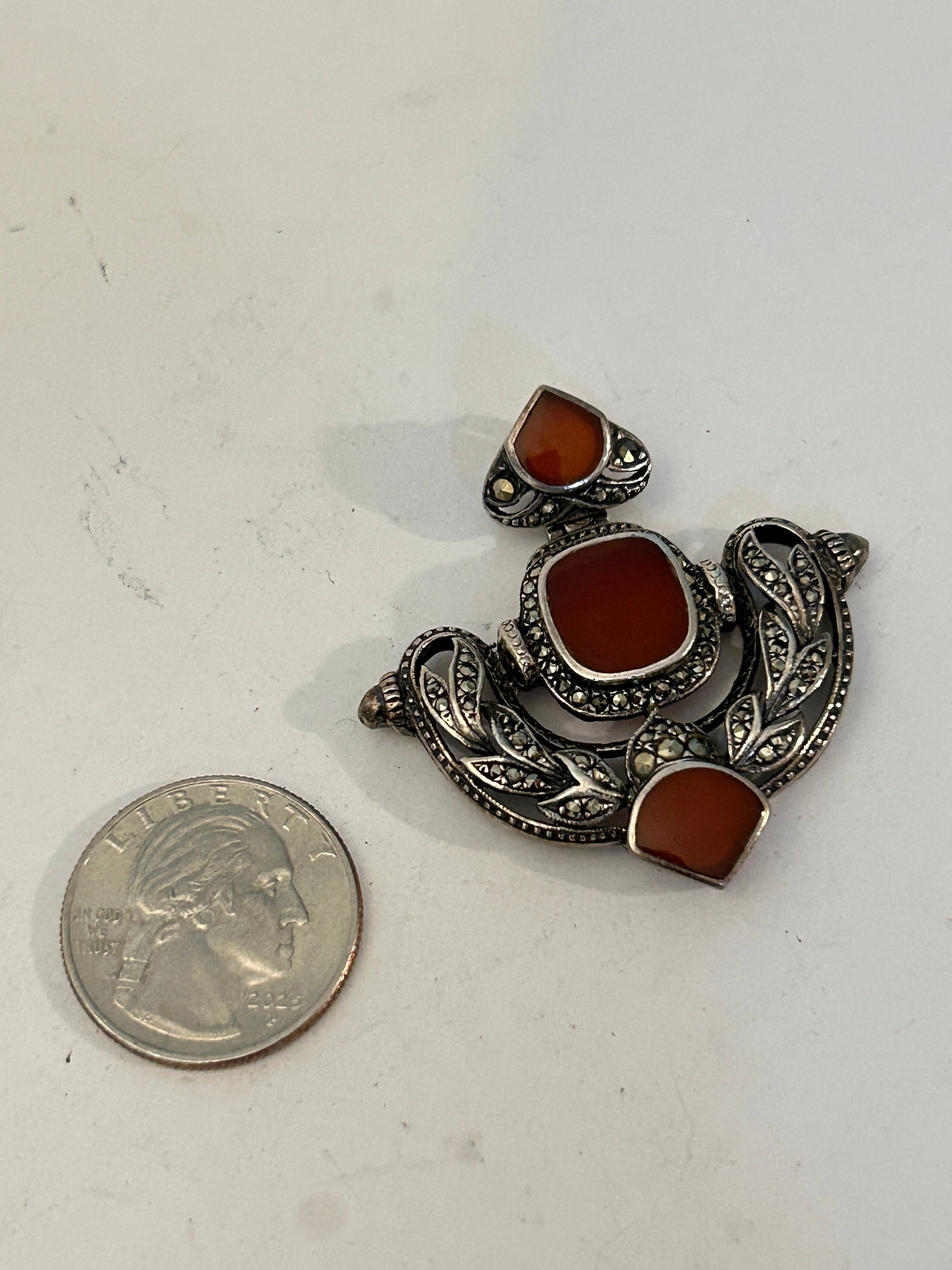 Vintage Sterling Silver Victorian Style Carnelian & Marcasite Pendant: Vintage Sterling Silver Victorian Style Carnelian & Marcasite Pendant Please view all photos as they are part of the description and condition of this Item, Feel free to contact me with questions or p