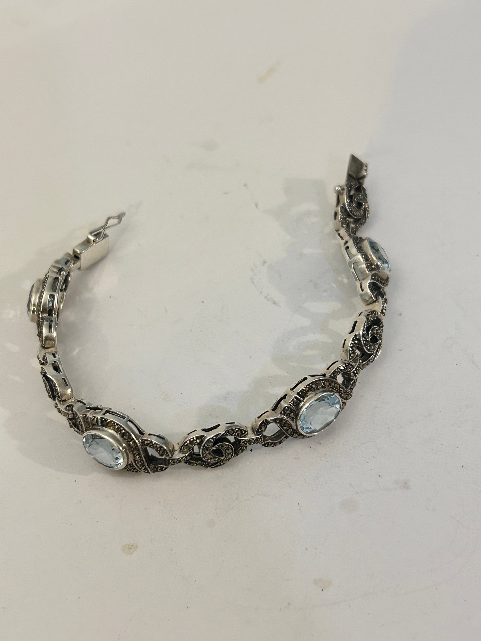 Vintage Sterling Silver Sapphire Marcasite Bracelet 7 1/2": Vintage Sterling Silver Sapphire Marcasite Bracelet 7 1/2" Please view all photos as they are part of the description and condition of this Item, Feel free to contact me with questions or picture